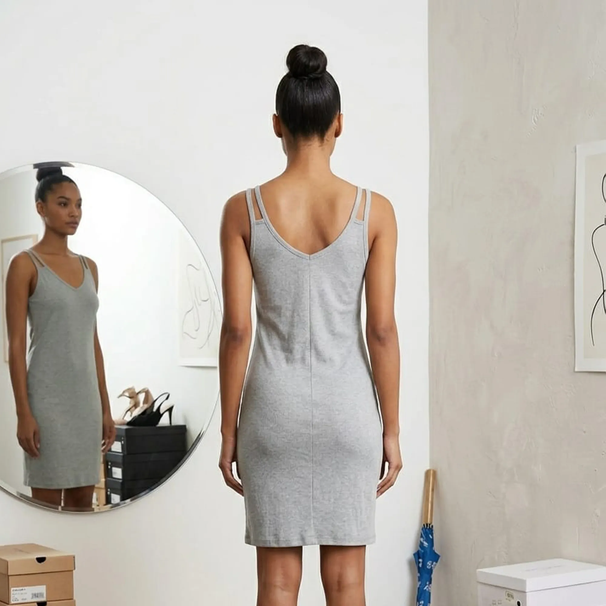 Grey-sleeveless-V-neck-bodycon-knit-mini-dress-for-women