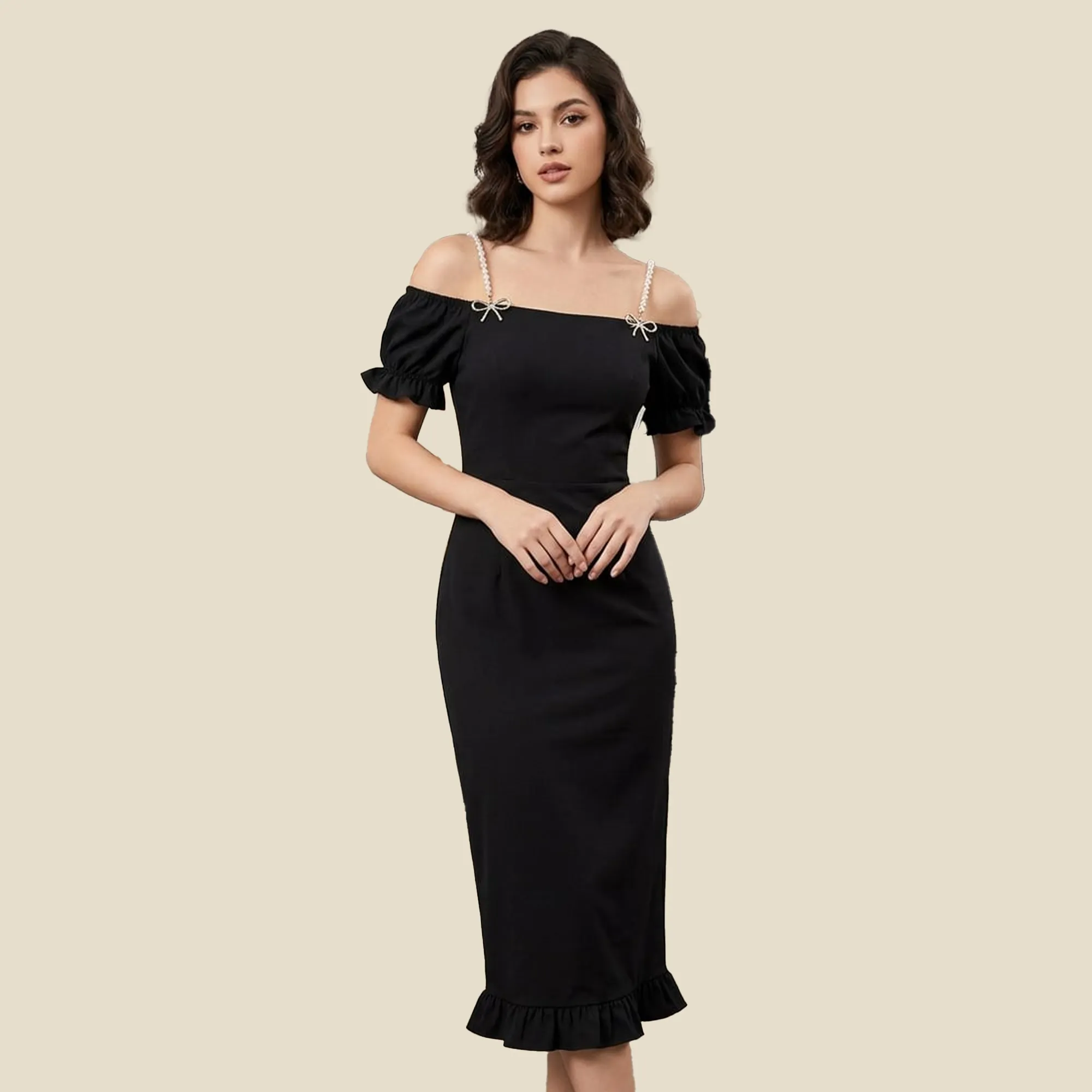 Black-off-shoulder-pearl-strap-puff-sleeve-bodycon-midi-dress-for-women