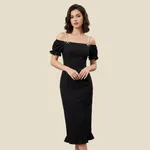 Black-off-shoulder-pearl-strap-puff-sleeve-bodycon-midi-dress-for-women