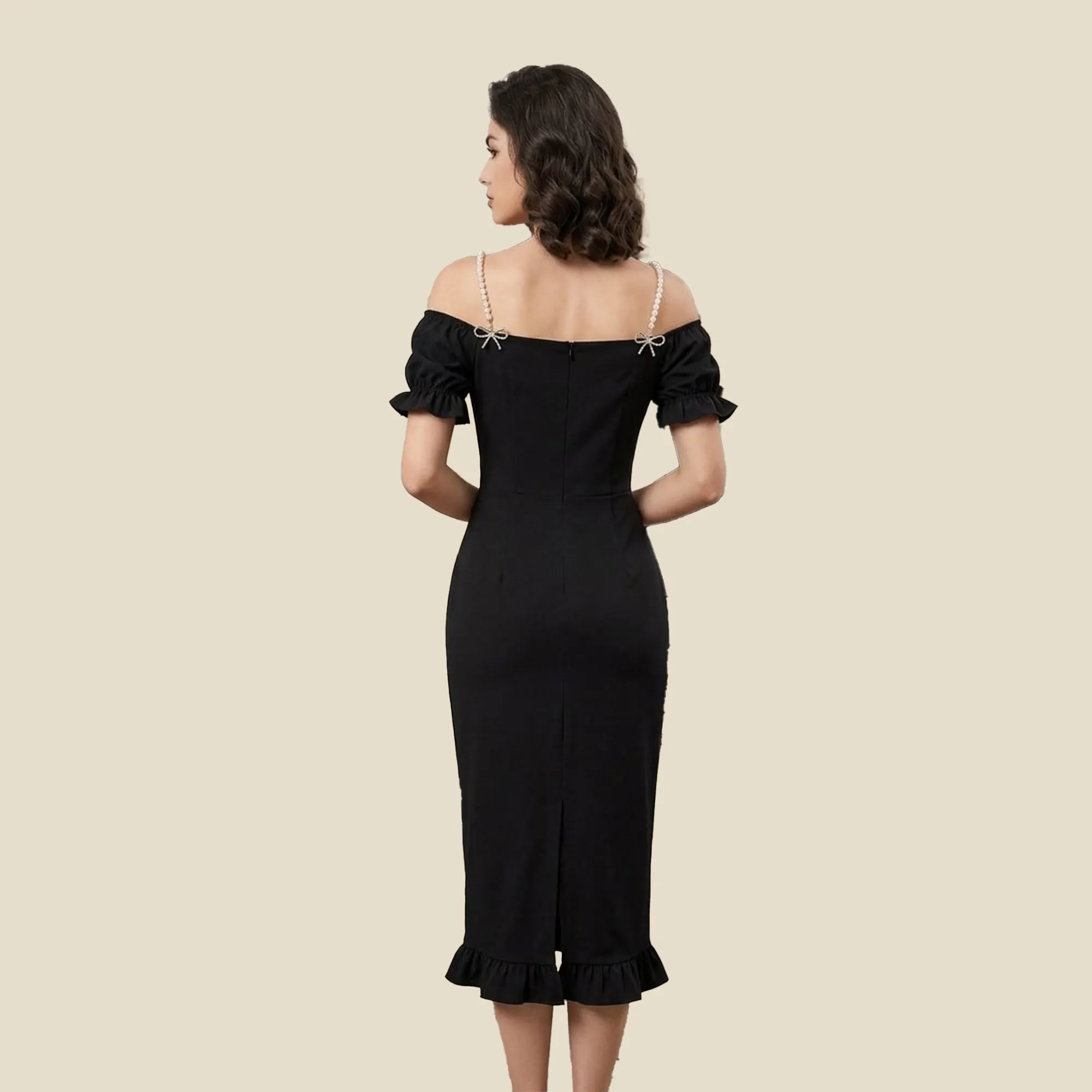 Black-off-shoulder-pearl-strap-puff-sleeve-bodycon-midi-dress-for-women