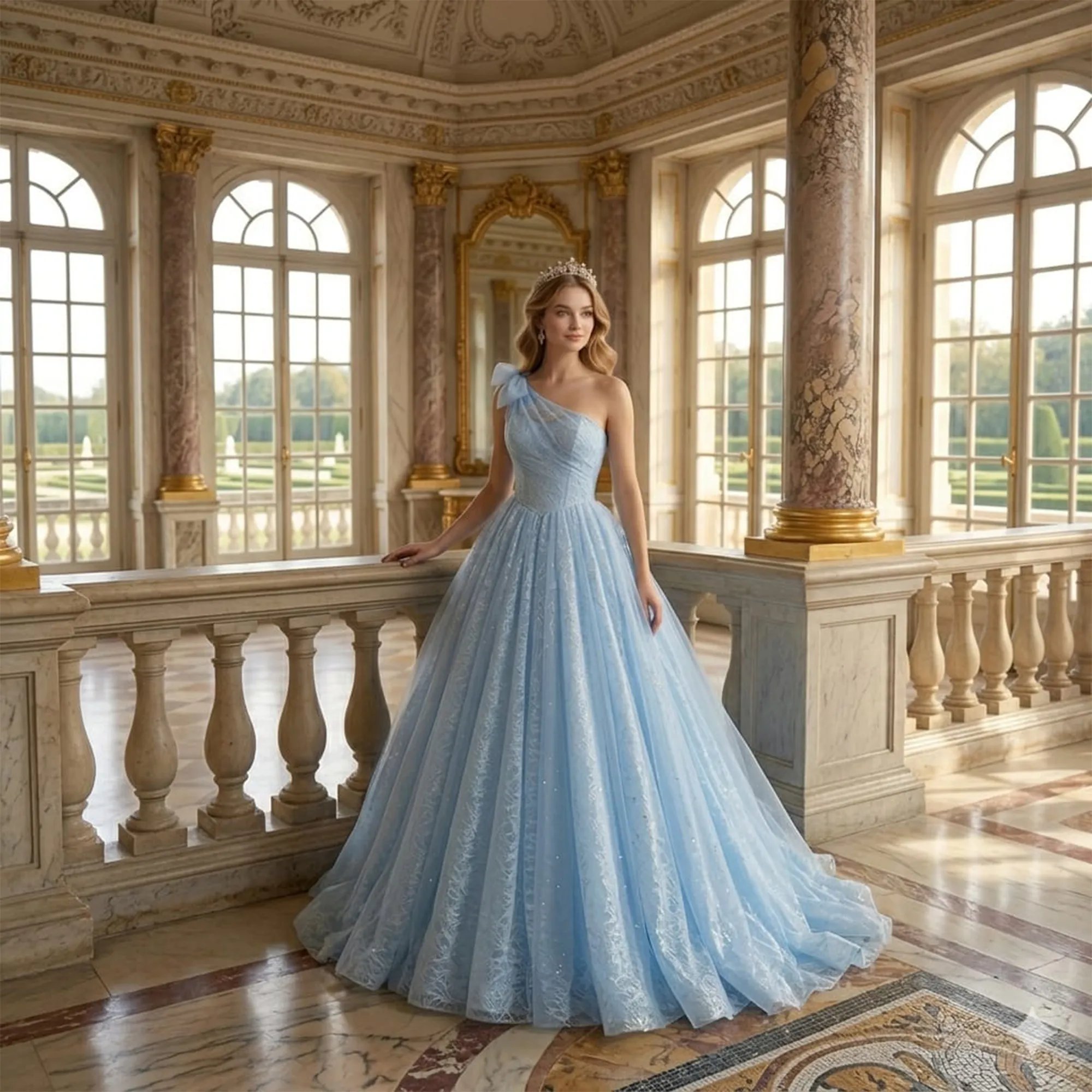 Blue-one-shoulder-lace-ball-gown-for-women-floor-length-princess-evening-dress