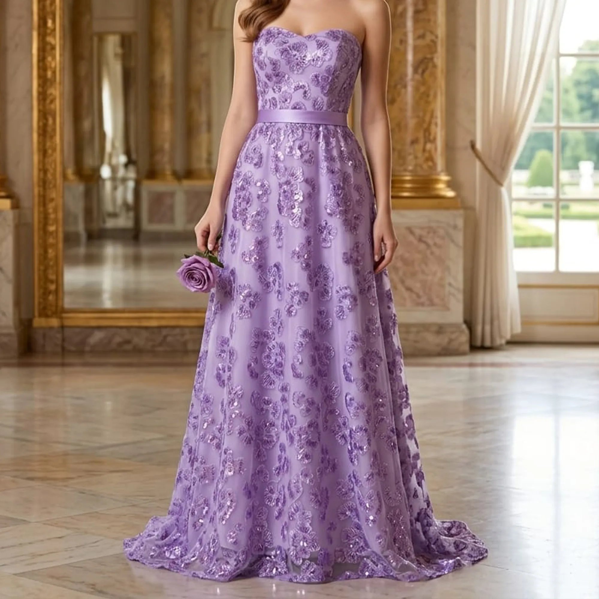 Lavender-strapless-floral-lace-evening-gown-for-women-floor-length-princess-party-dress