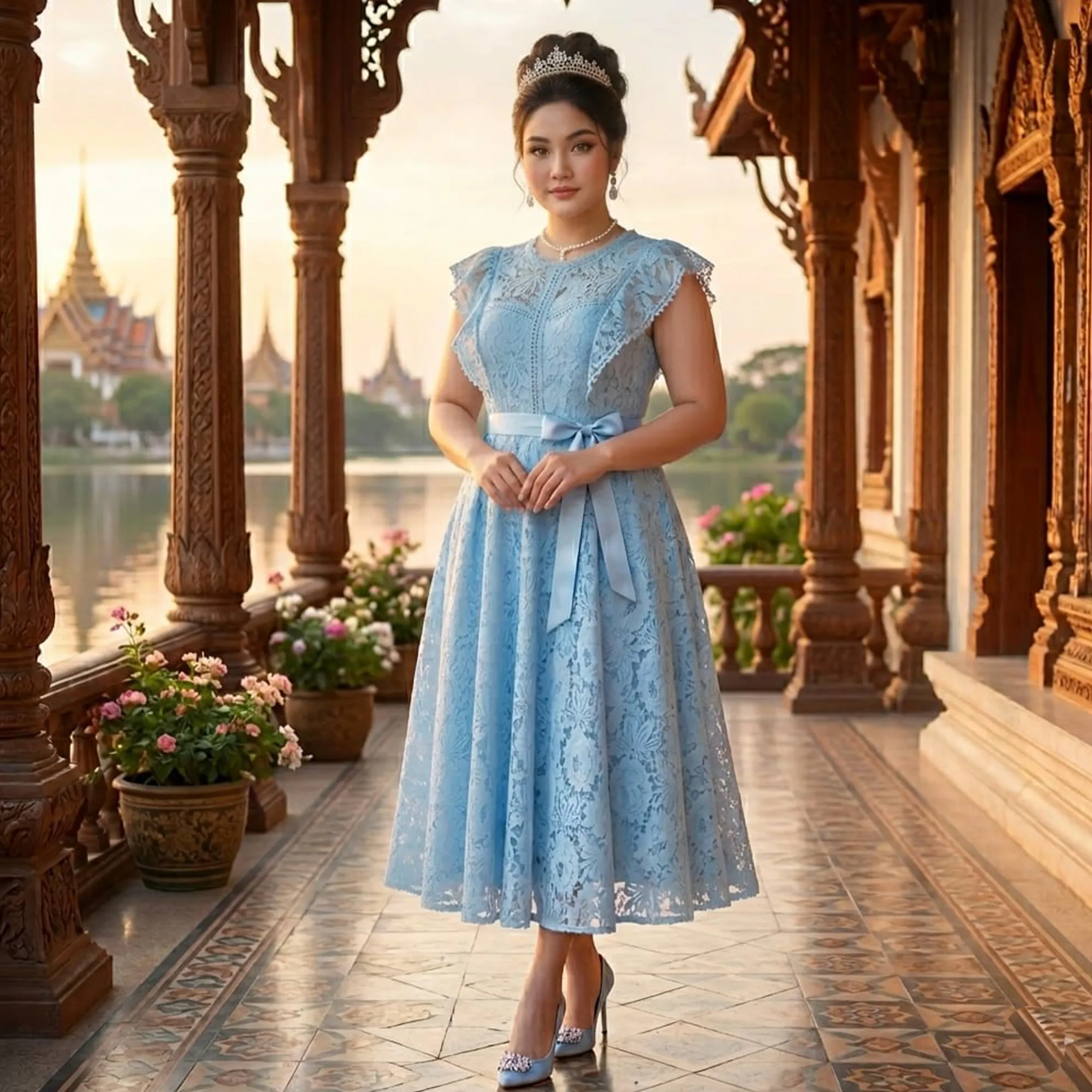 Sky-blue-lace-midi-dress-for-women-floral-fit-and-flare-party-wear-dress-with-satin-waist-belt