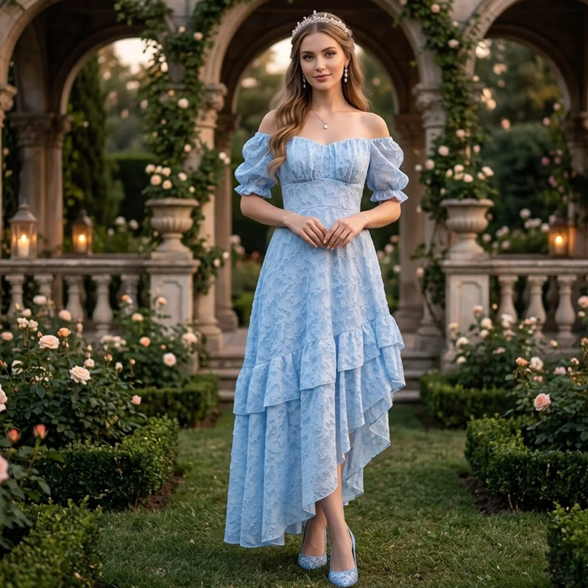 Sky-blue-off-shoulder-high-low-lace-dress-for-women-with-layered-ruffle-hem-party-wear-dress