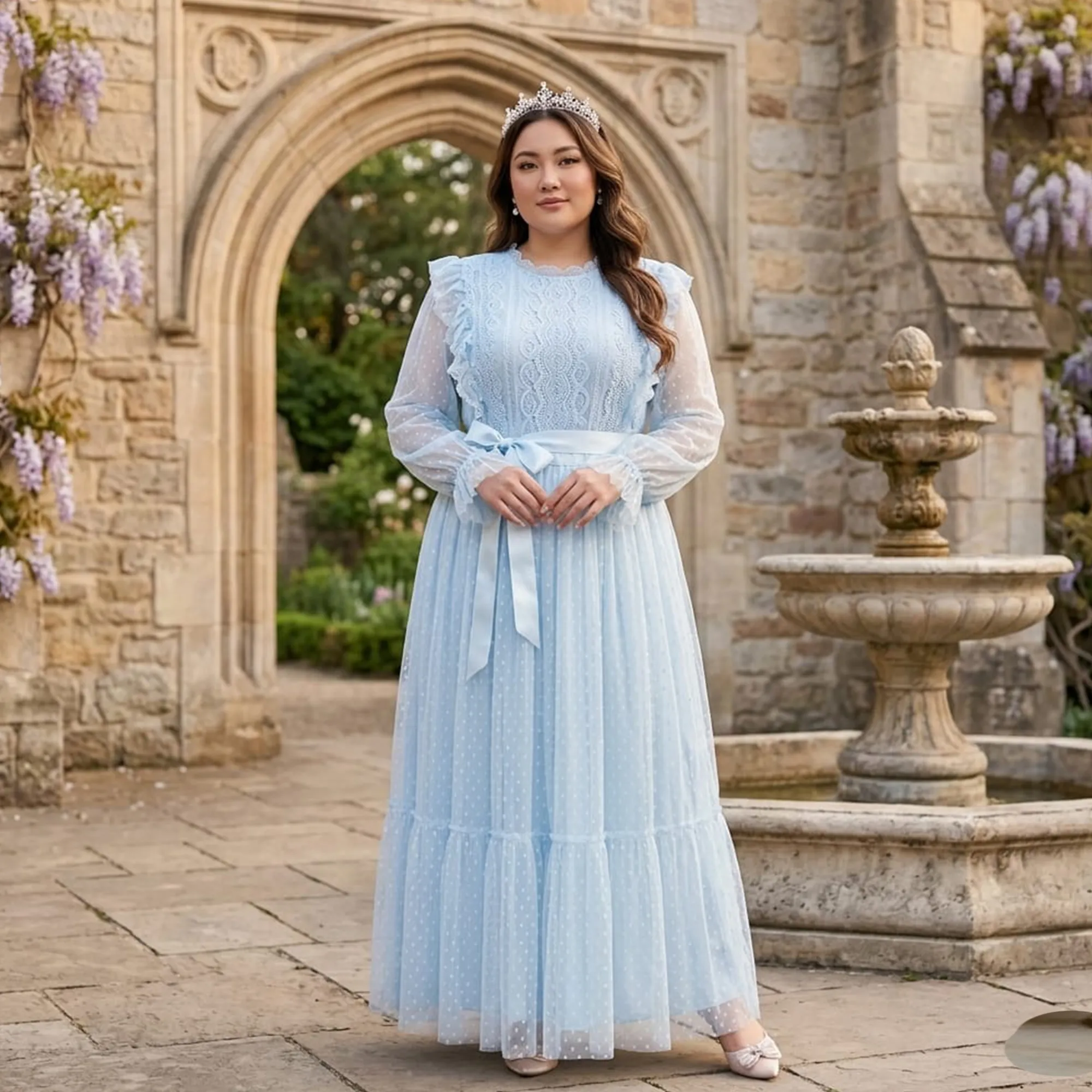 Sky-blue-lace-maxi-dress-for-women-with-long-sheer-sleeves-ruffle-details-and-satin-waist-belt