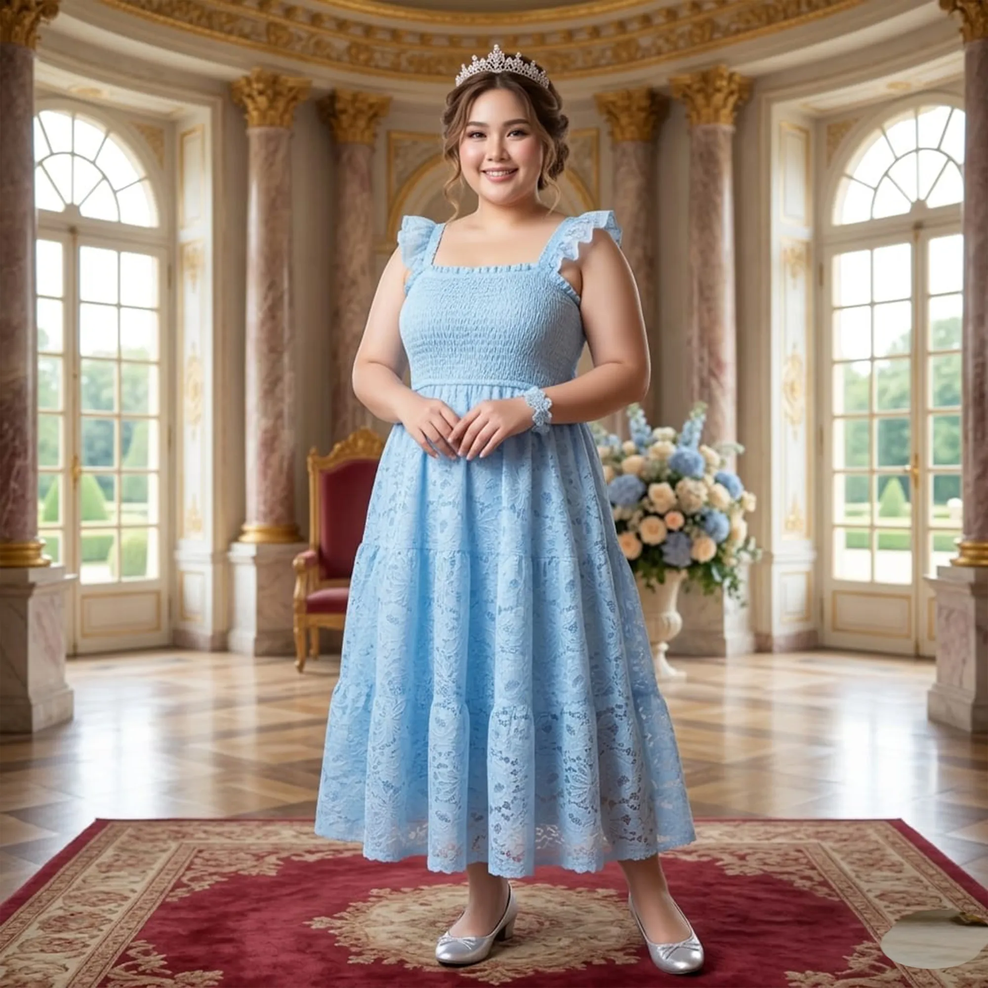 Sky-blue-lace-midi-dress-for-women-with-smocked-bodice-ruffle-sleeves-and-fit-and-flare-design