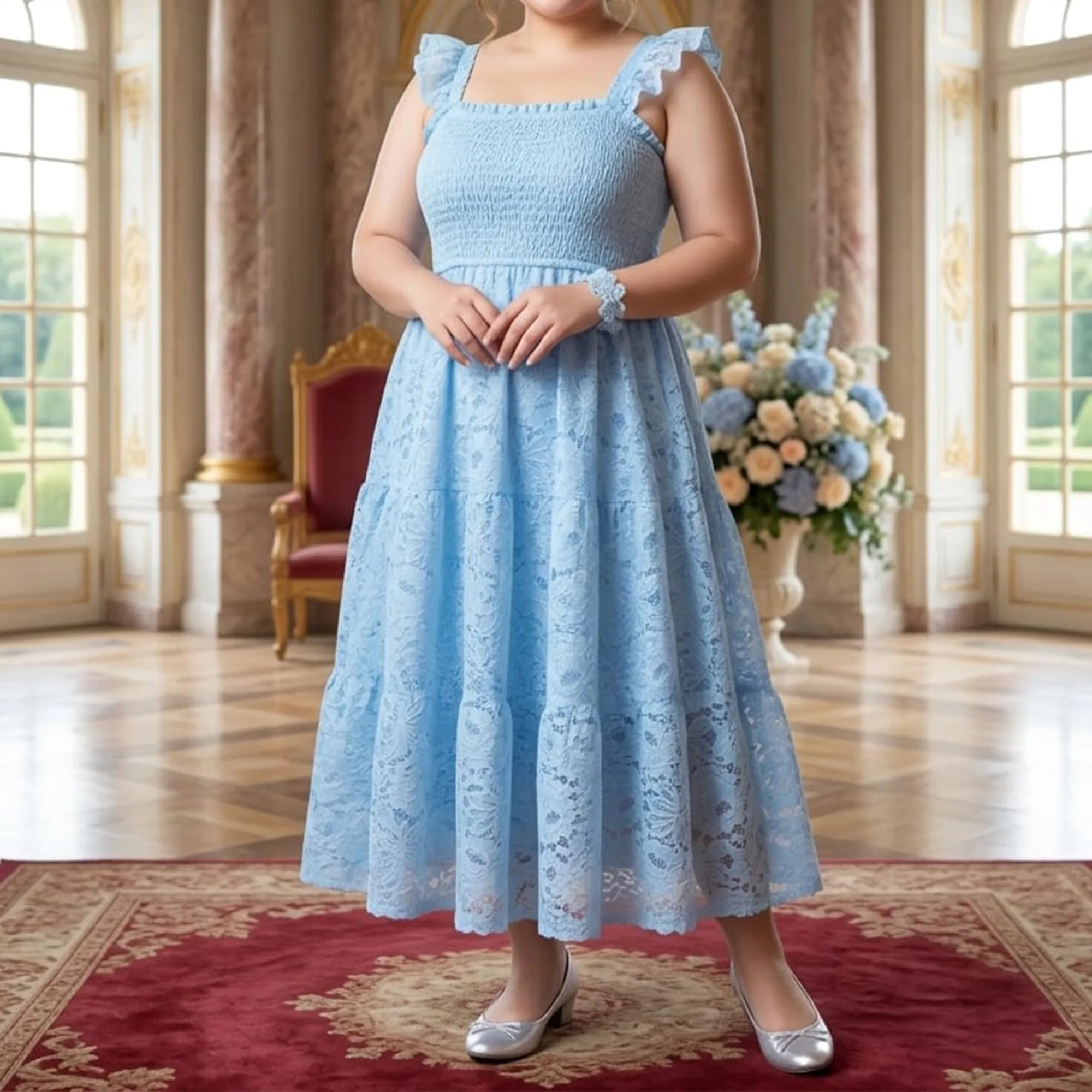 Sky-blue-lace-midi-dress-for-women-with-smocked-bodice-ruffle-sleeves-and-fit-and-flare-design