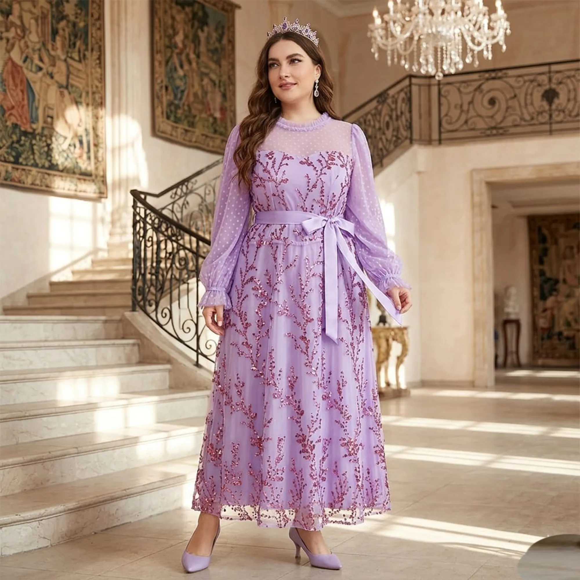 Lavender-embroidered-maxi-dress-for-women-with-long-sheer-sleeves-sequin-floral-design-and-satin-waist-belt