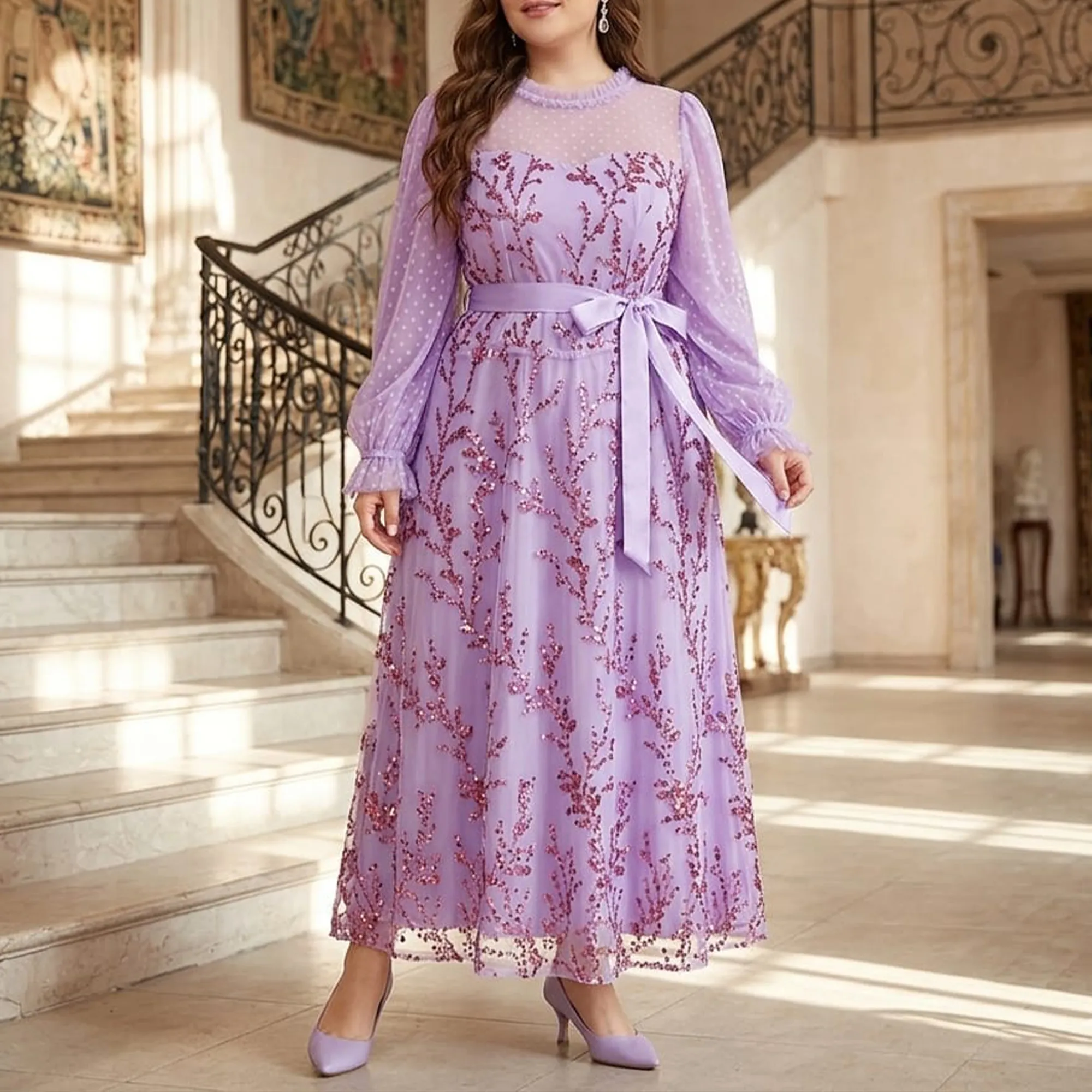 Lavender-embroidered-maxi-dress-for-women-with-long-sheer-sleeves-sequin-floral-design-and-satin-waist-belt