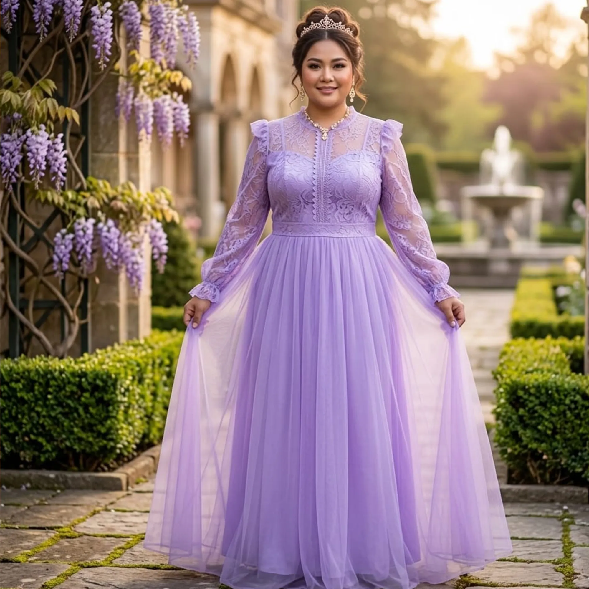 Lavender-princess-tulle-maxi-dress-for-women-with-lace-bodice-long-sheer-sleeves-and-flowing-skirt