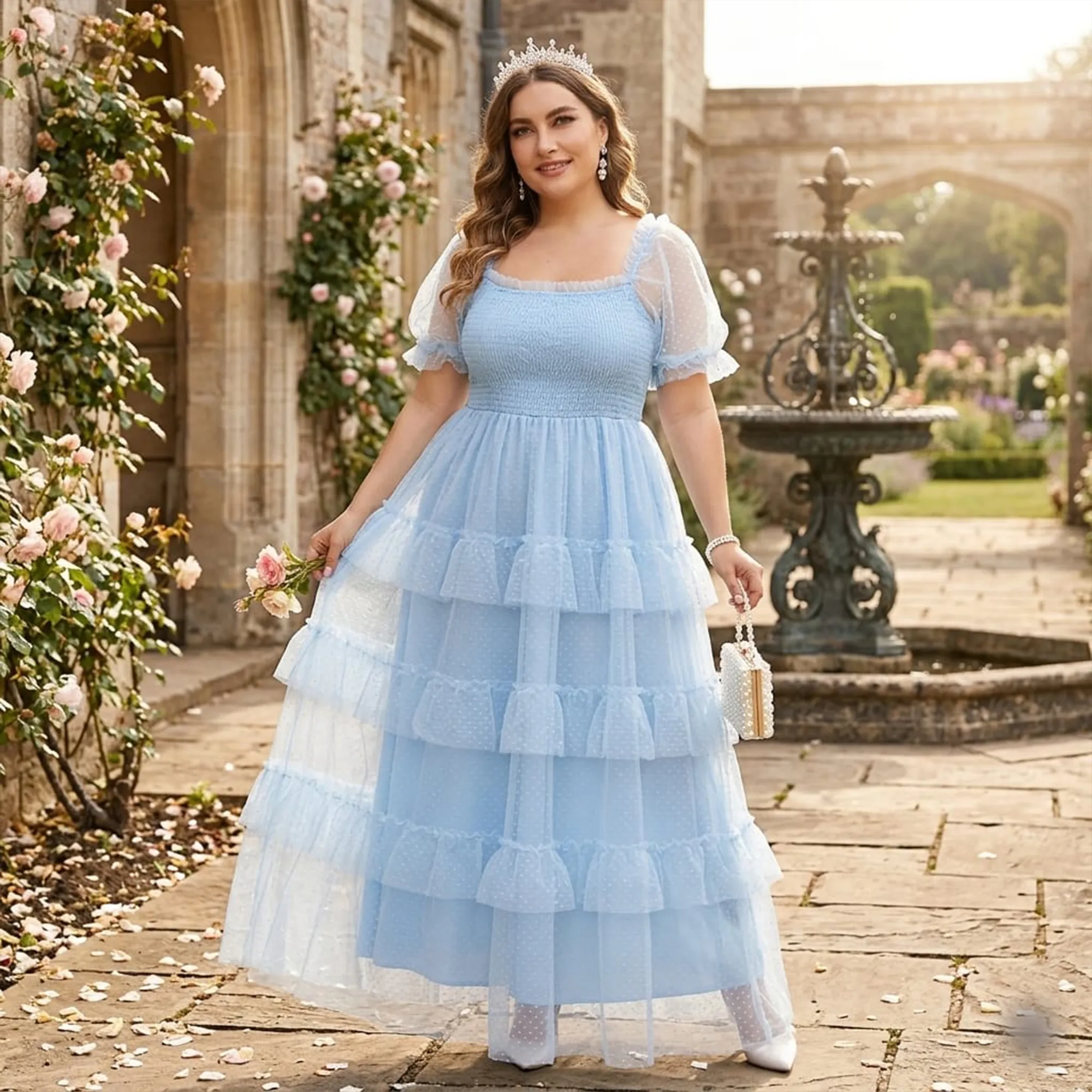 Sky-blue-plus-size-princess-tulle-maxi-dress-for-women-with-puff-sleeves-smocked-bodice-and-tiered-ruffle-skirt