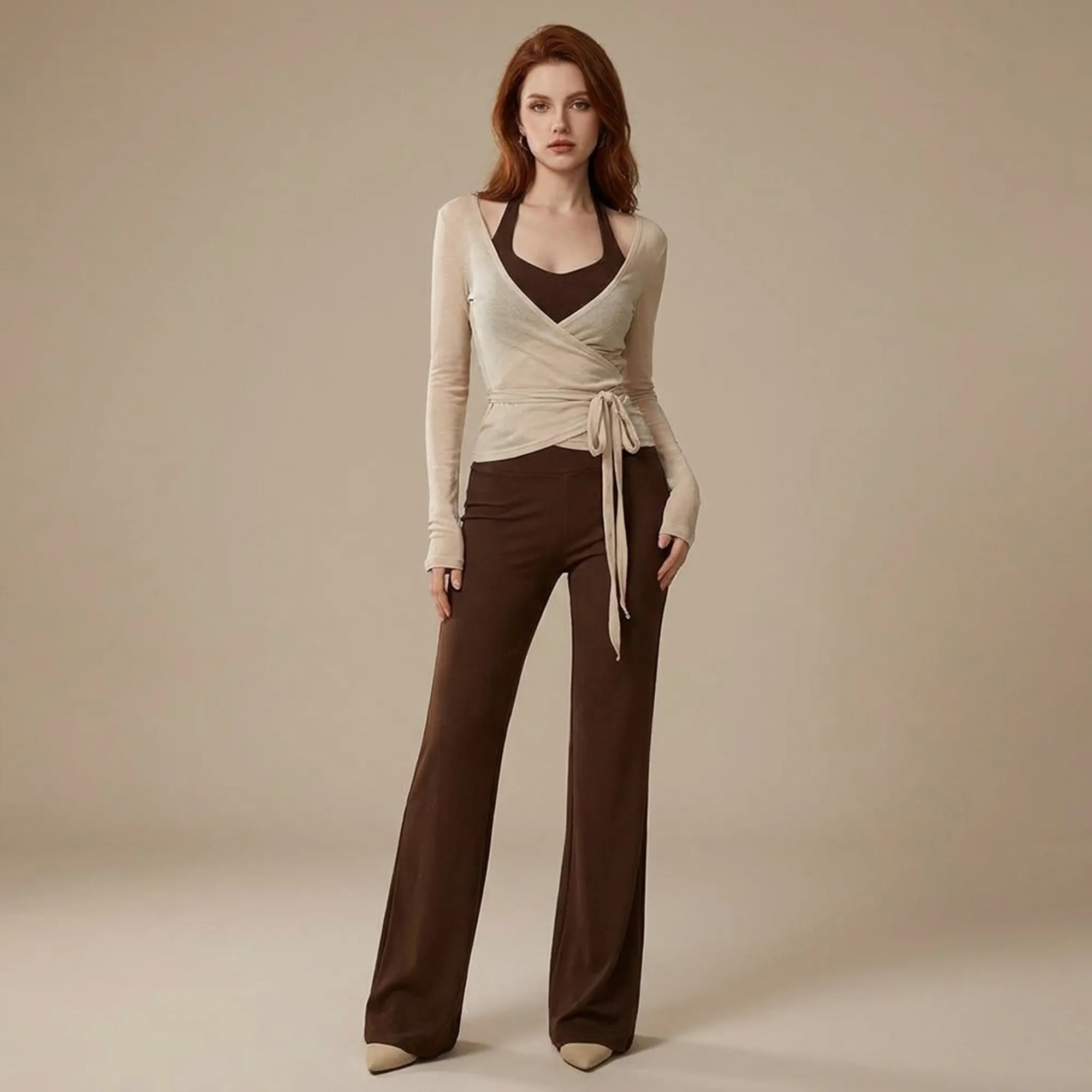 Beige-wrap-top-with-brown-wide-leg-pants-co-ord-set-for-women-long-sleeve-casual-outfit