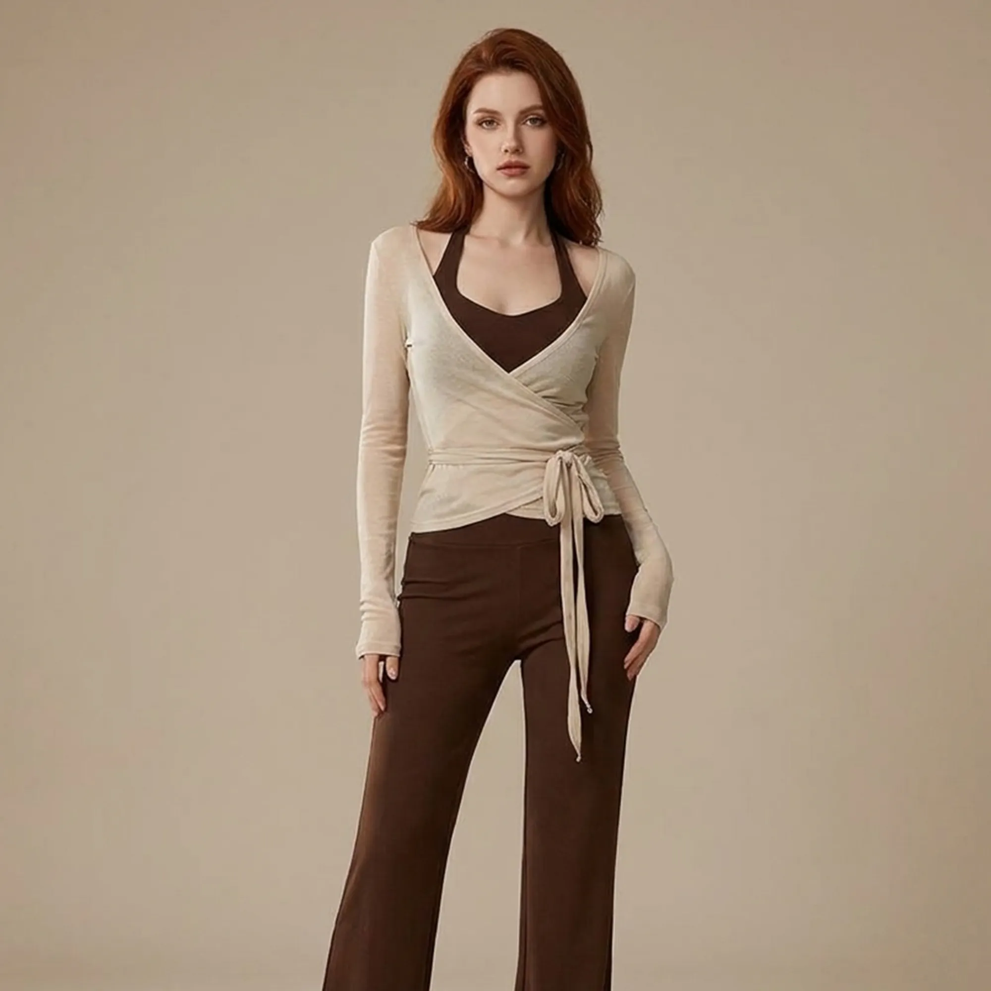 Beige-wrap-top-with-brown-wide-leg-pants-co-ord-set-for-women-long-sleeve-casual-outfit