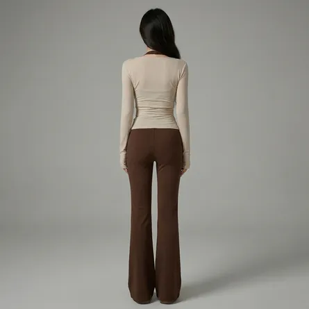 Beige-wrap-top-with-brown-wide-leg-pants-co-ord-set-for-women-long-sleeve-casual-outfit