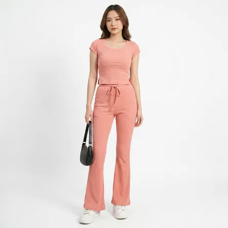 Peach-ribbed-crop-top-with-flared-drawstring-pants-co-ord-set-for-women-casual-loungewear