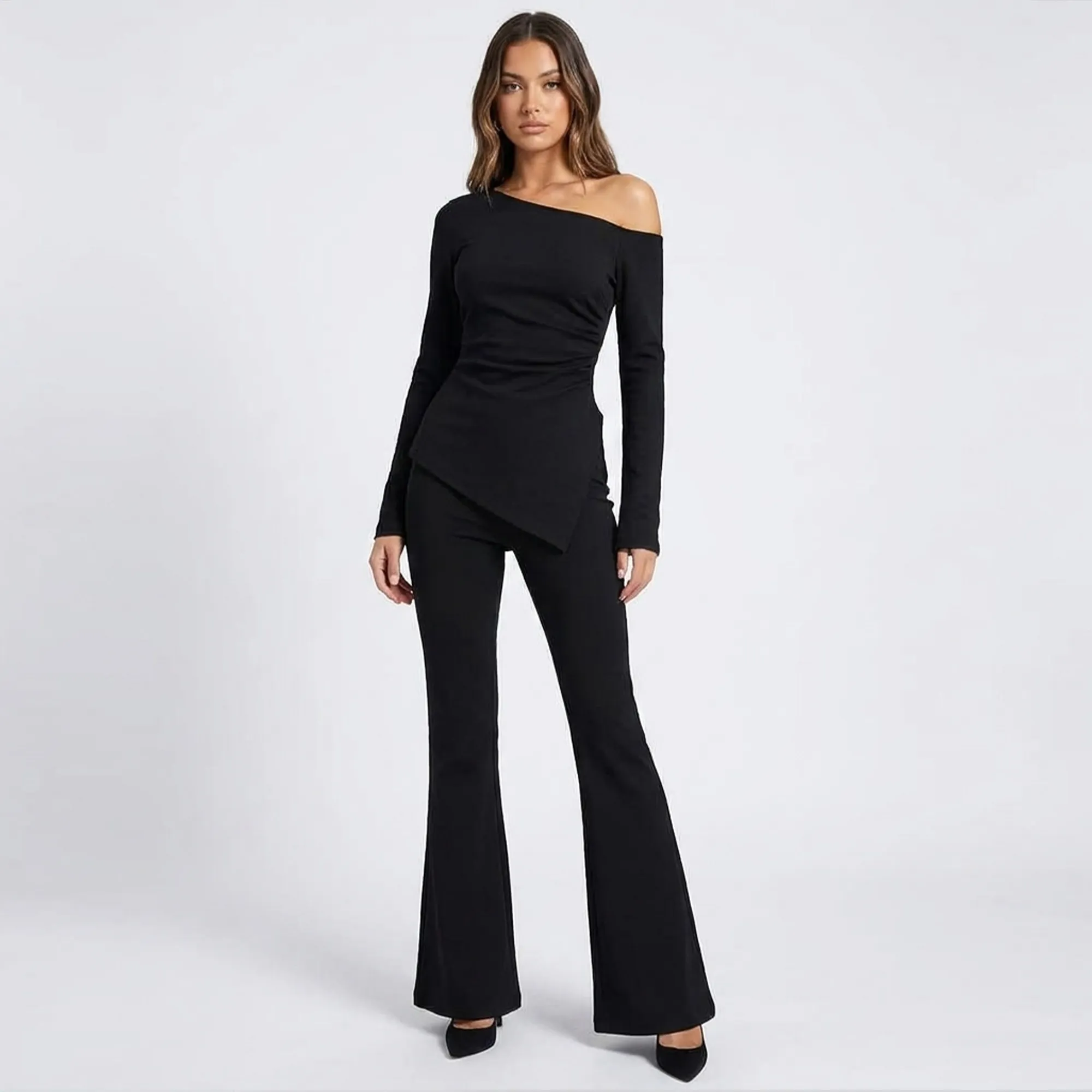 Black-one-shoulder-asymmetric-long-sleeve-top-with-flared-pants-co-ord-set-for-women