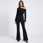 Black-one-shoulder-asymmetric-long-sleeve-top-with-flared-pants-co-ord-set-for-women