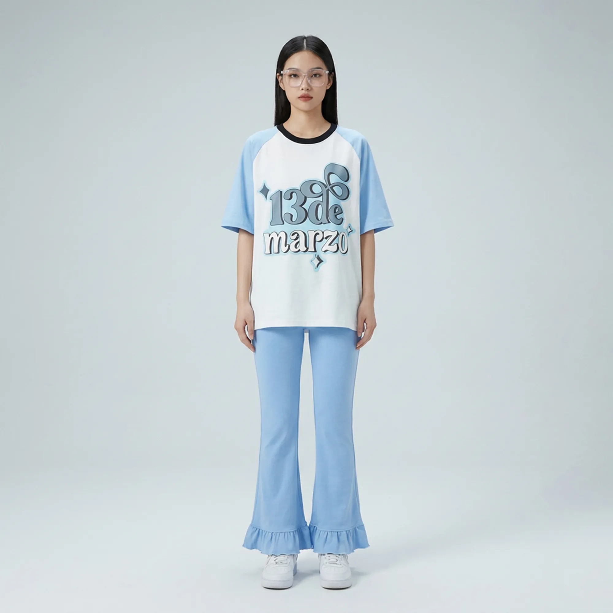 Blue-graphic-oversized-t-shirt-with-flared-ruffle-hem-pants-co-ord-set-for-women-casual-loungewear
