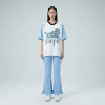 Blue-graphic-oversized-t-shirt-with-flared-ruffle-hem-pants-co-ord-set-for-women-casual-loungewear