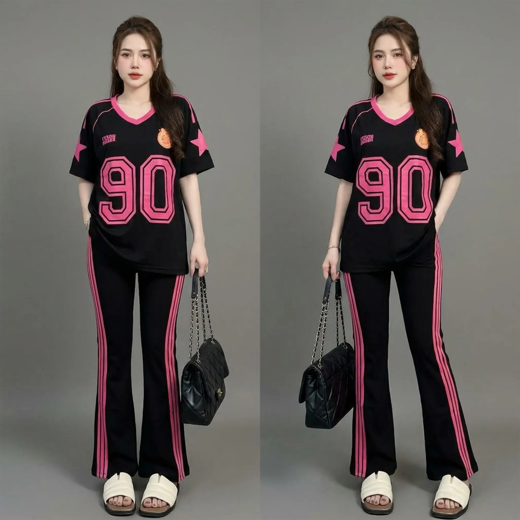 Black-graphic-oversized-t-shirt-with-pink-striped-flared-pants-co-ord-set-for-women-casual-loungewear