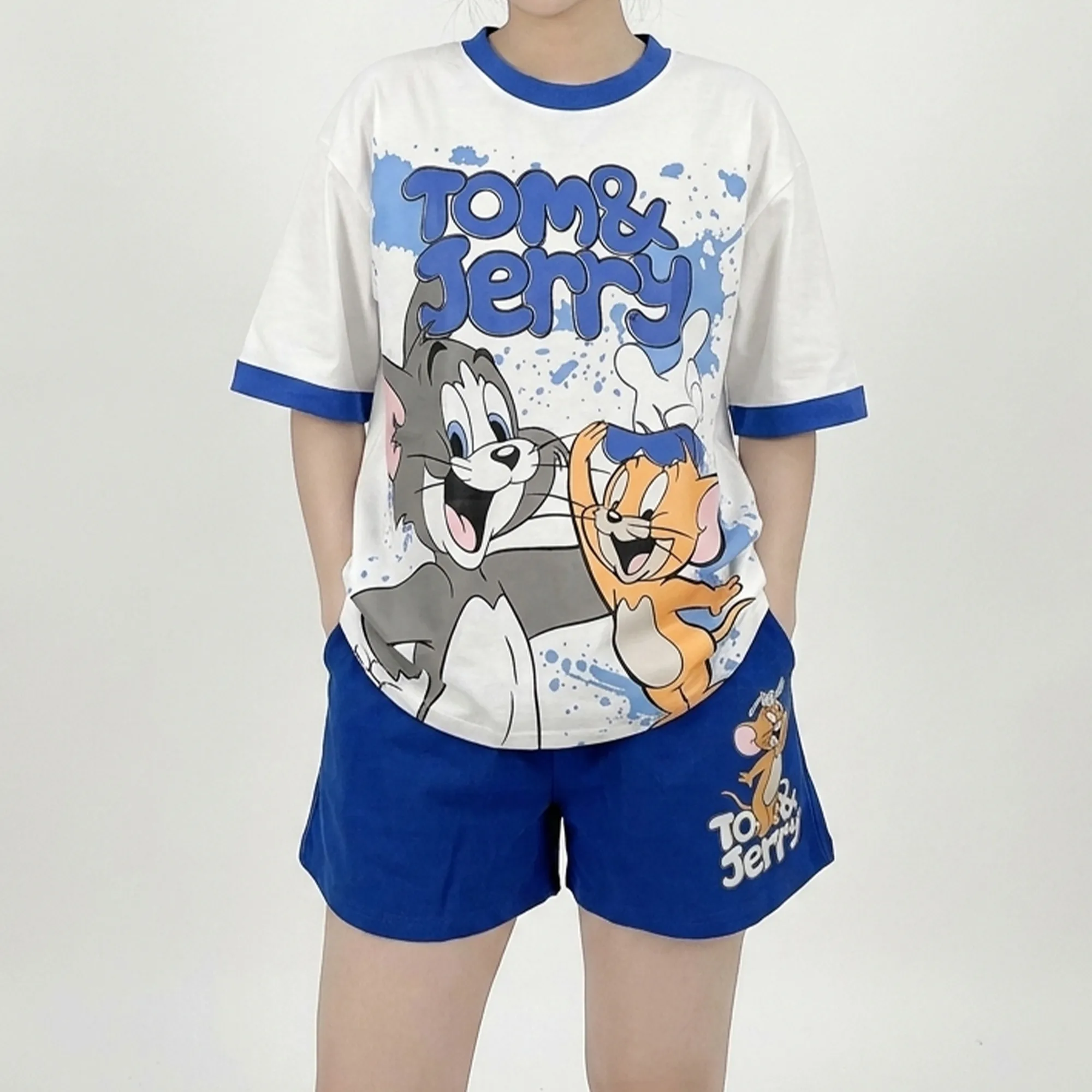 Blue-tom-and-jerry-graphic-oversized-t-shirt-with-pink-shorts-co-ord-set-for-women-cartoon-loungewear