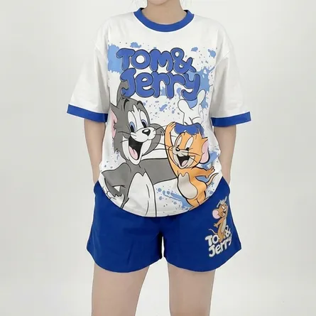 Blue-tom-and-jerry-graphic-oversized-t-shirt-with-pink-shorts-co-ord-set-for-women-cartoon-loungewear