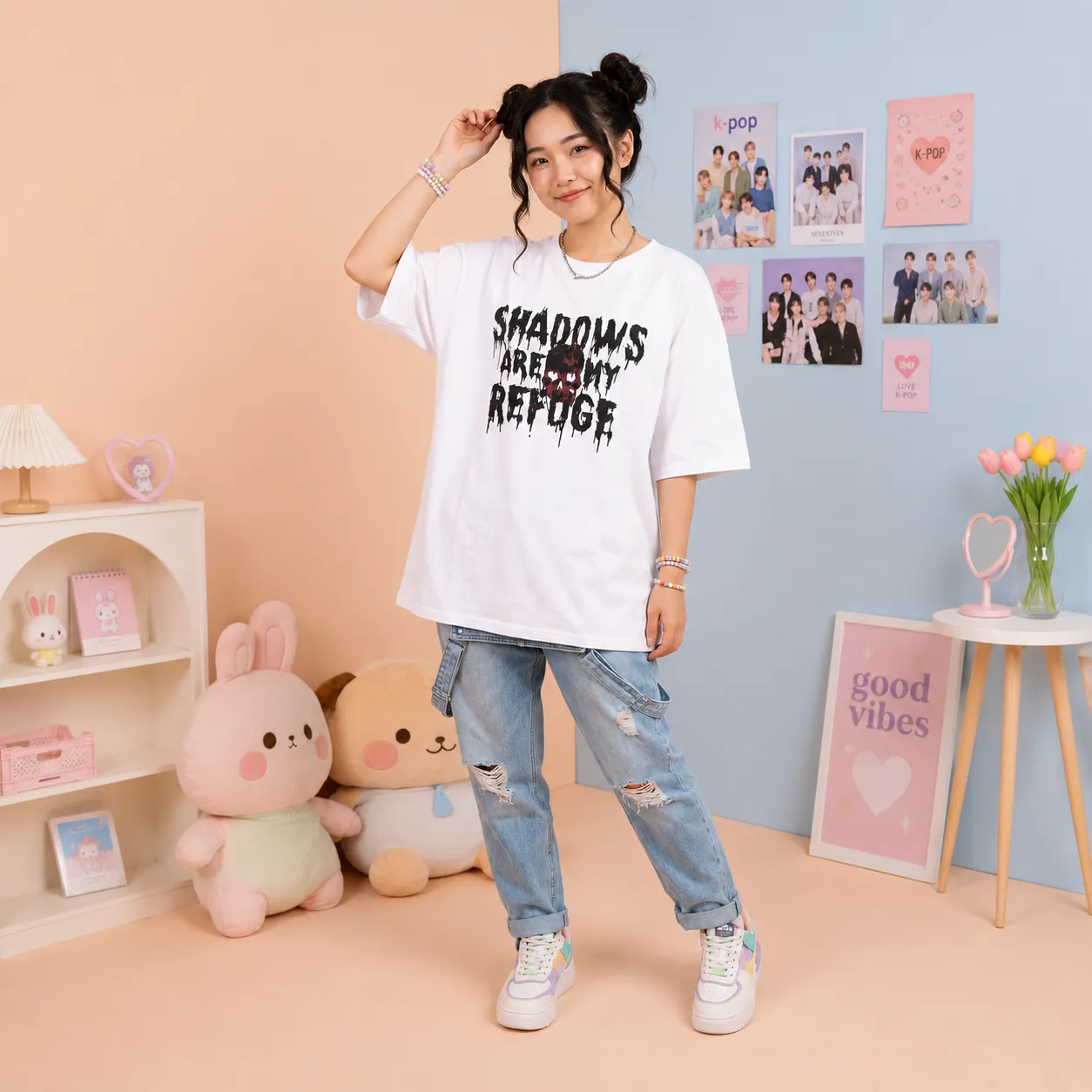 White-oversized-T-shirt-with-black-dripping-Shadows-Are-My-Refuge-skull-graphic-print
