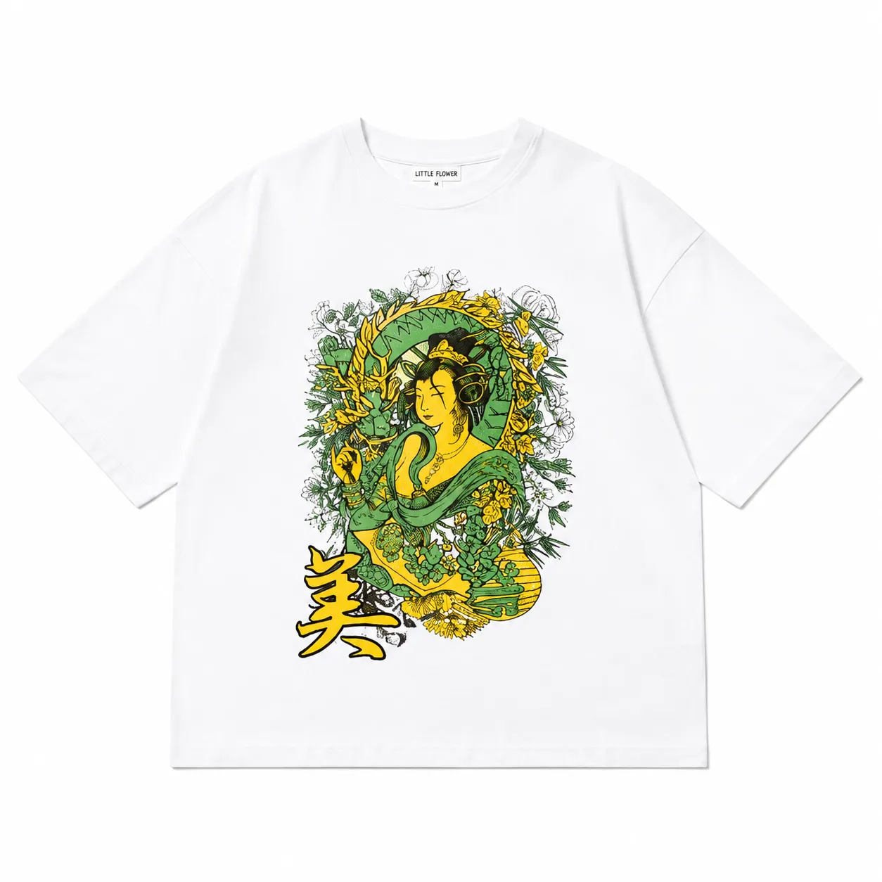 white-oversized-t-shirt-with-green-and-yellow-geisha-inspired-graphic-print-and-japanese-character-design