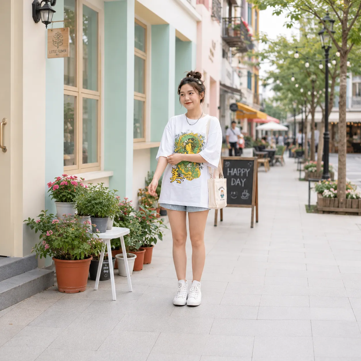 white-oversized-t-shirt-with-green-and-yellow-geisha-inspired-graphic-print-and-japanese-character-design