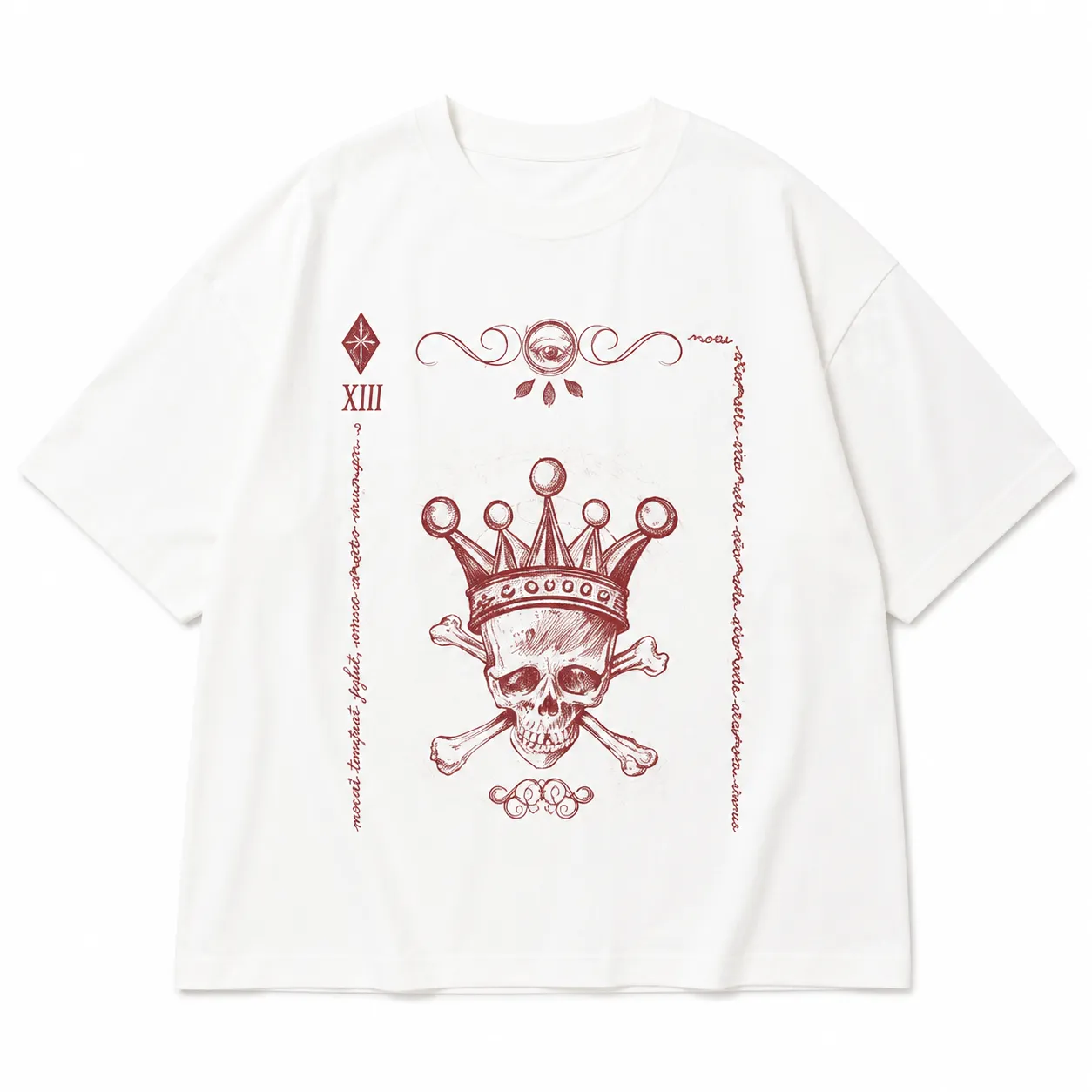 white-oversized-tshirt-with-red-crowned-skull-and-crossbones-gothic-graphic-print-round-neck-short-sleeve-unisex-tshirt