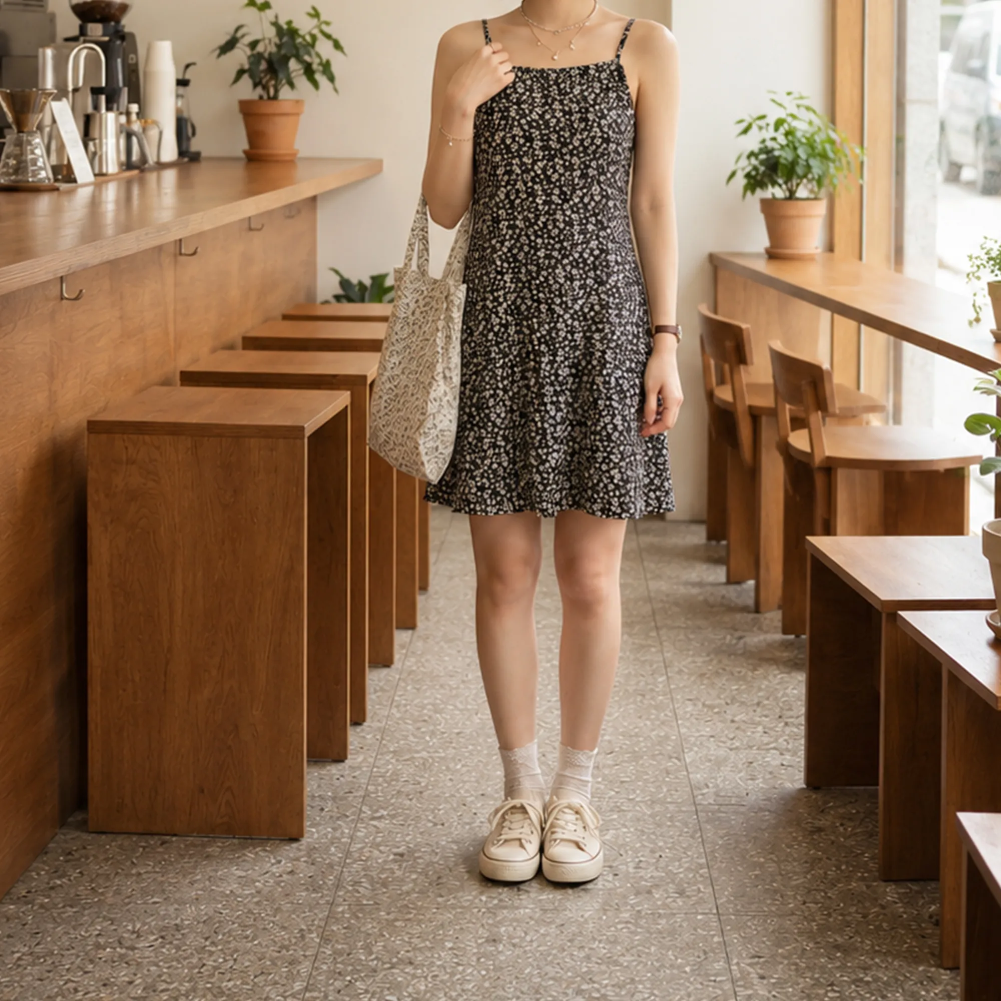 Black-floral-print-spaghetti-strap-mini-dress-for-women-casual-summer-a-line-slip-dress