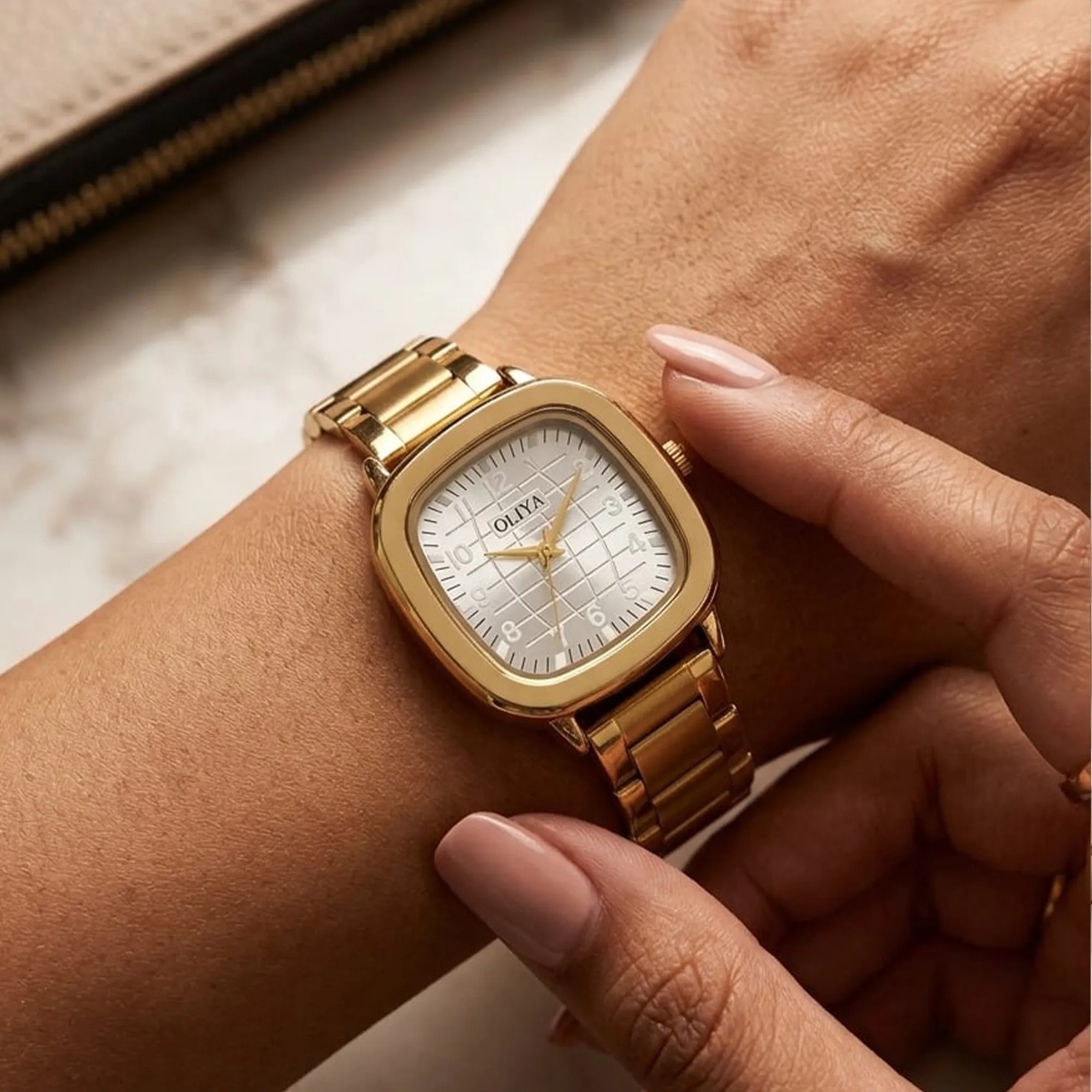 Gold-square-analog-watch-for-women-with-white-textured-dial-and-gold-stainless-steel-strap