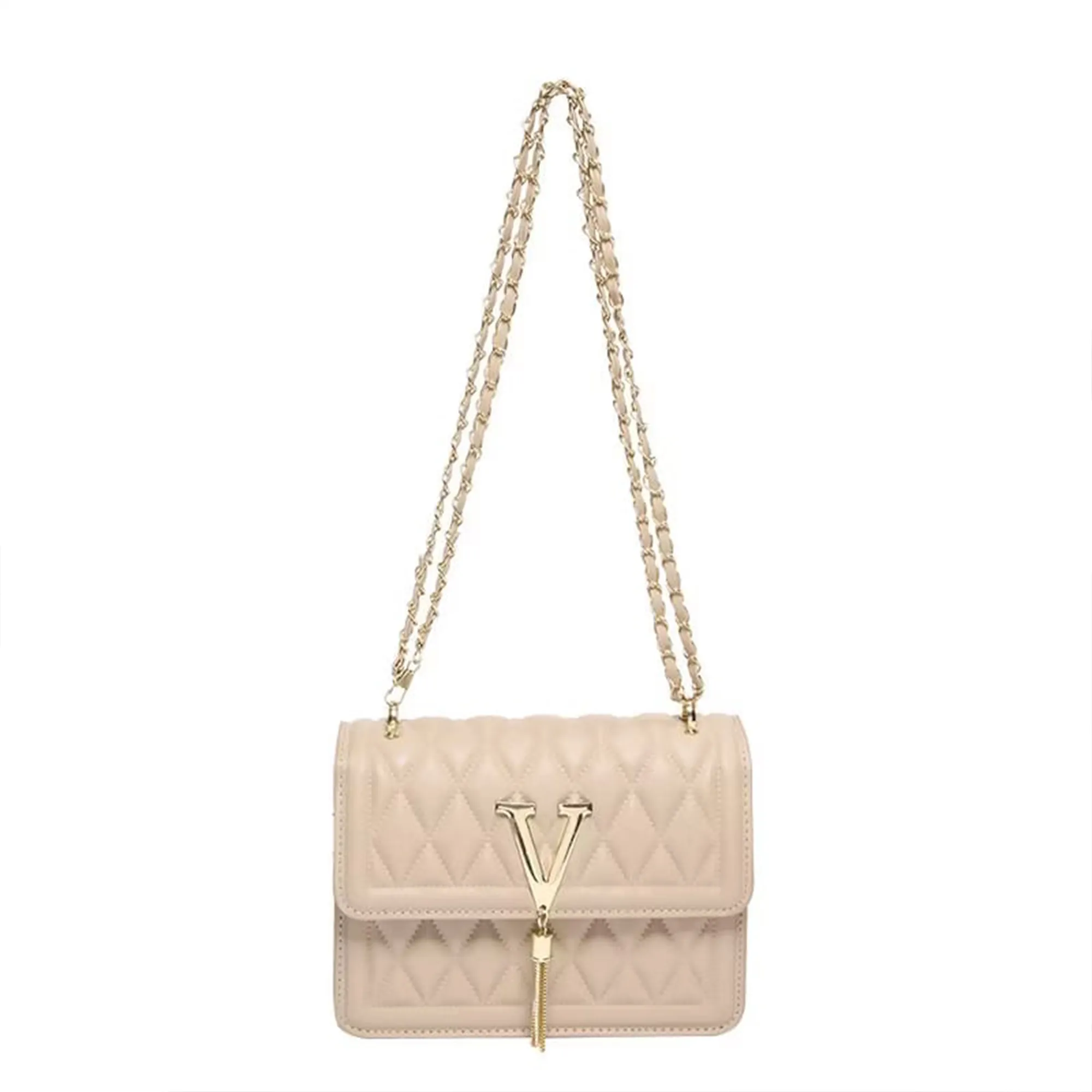 Beige-quilted-chain-sling-bag-with-v-metal-clasp-for-women