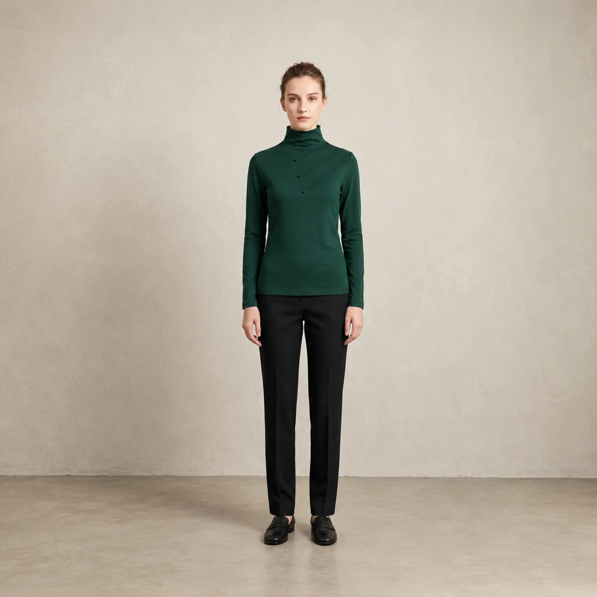 Dark-green-high-neck-full-sleeve-top-for-women-slim-fit-turtle-neck-casual-t-shirt