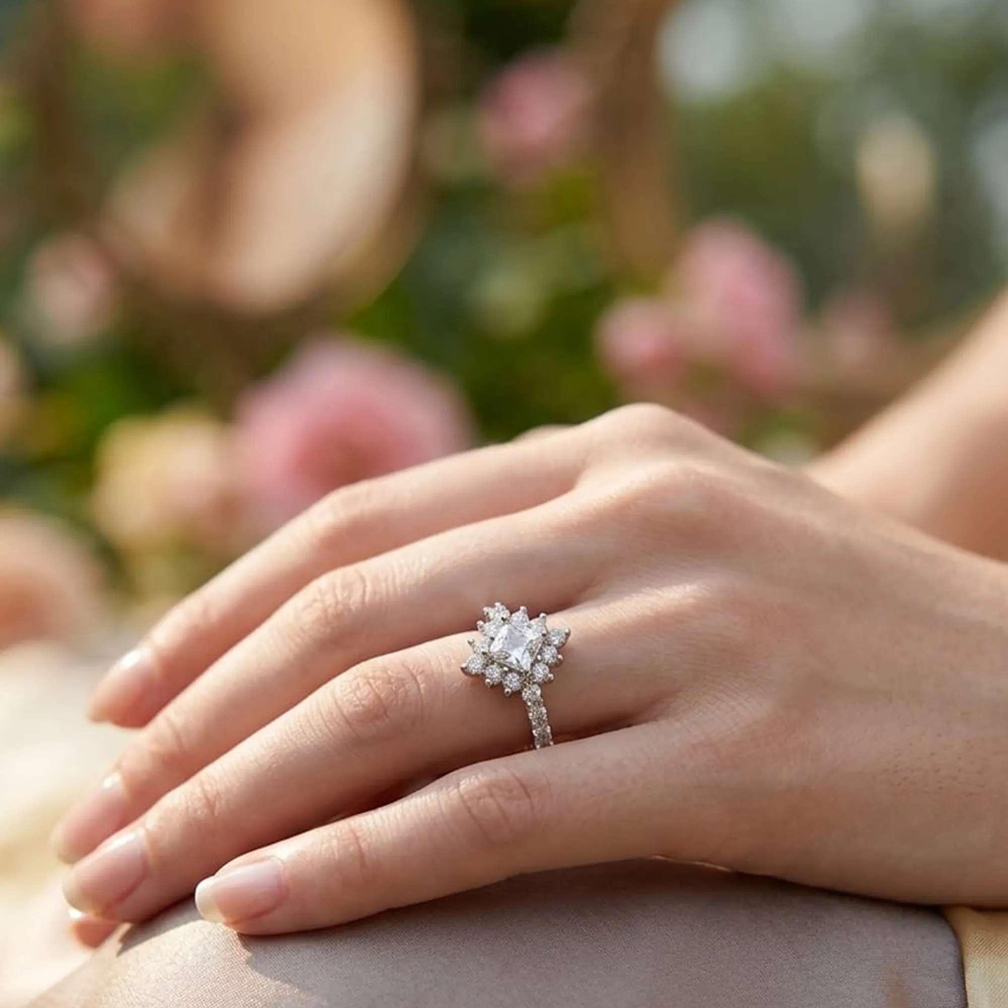 Silver-floral-halo-princess-cut-zircon-statement-ring-for-women