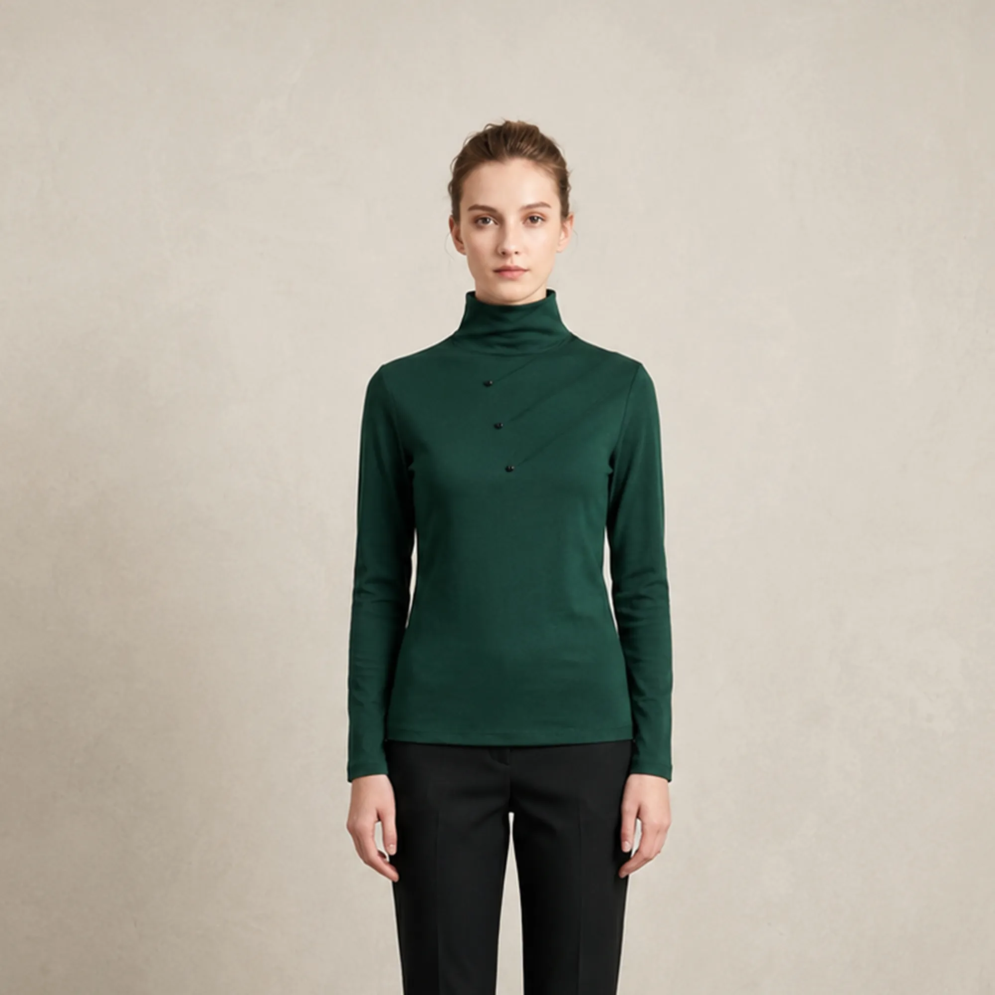 Dark-green-high-neck-full-sleeve-top-for-women-slim-fit-turtle-neck-casual-t-shirt