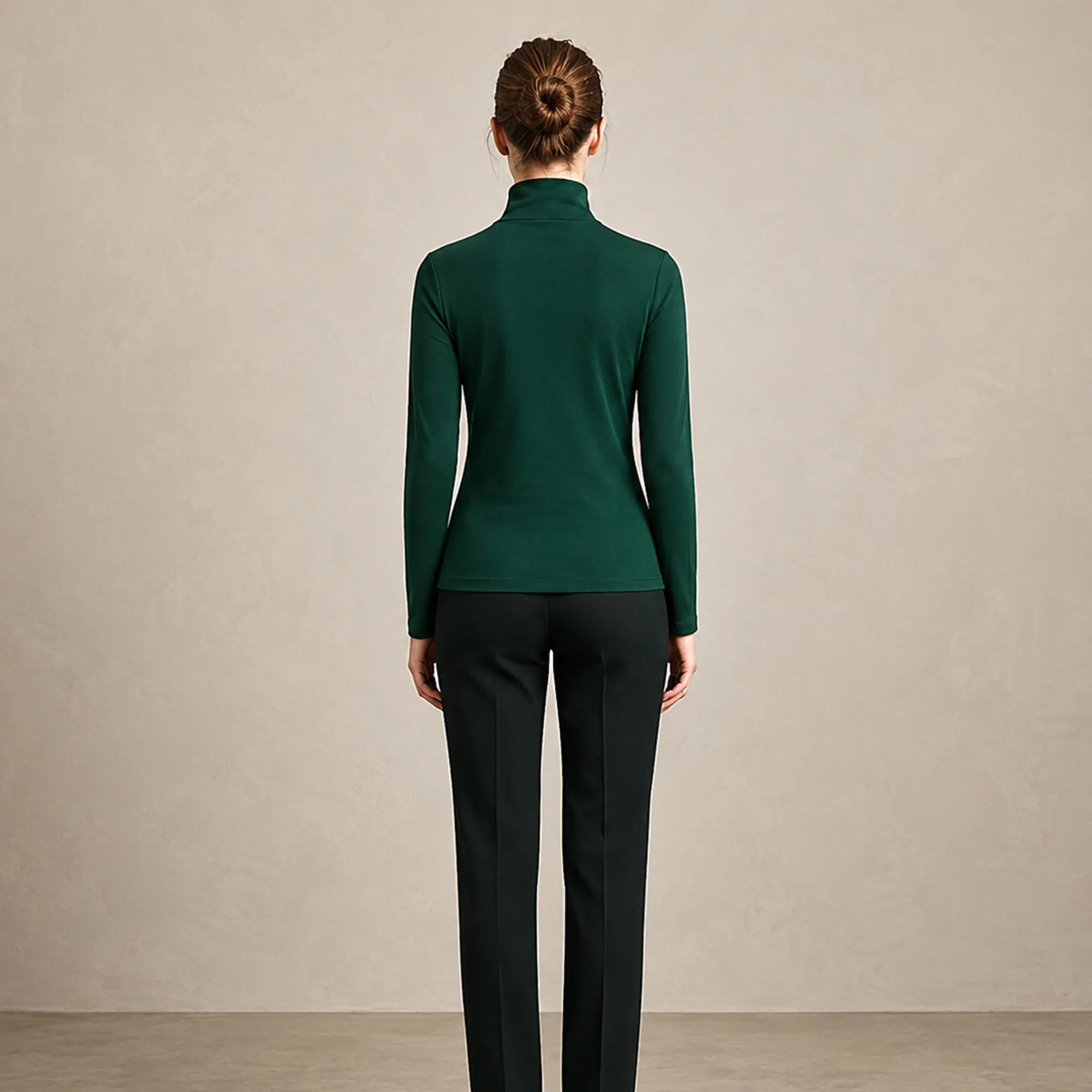 Dark-green-high-neck-full-sleeve-top-for-women-slim-fit-turtle-neck-casual-t-shirt