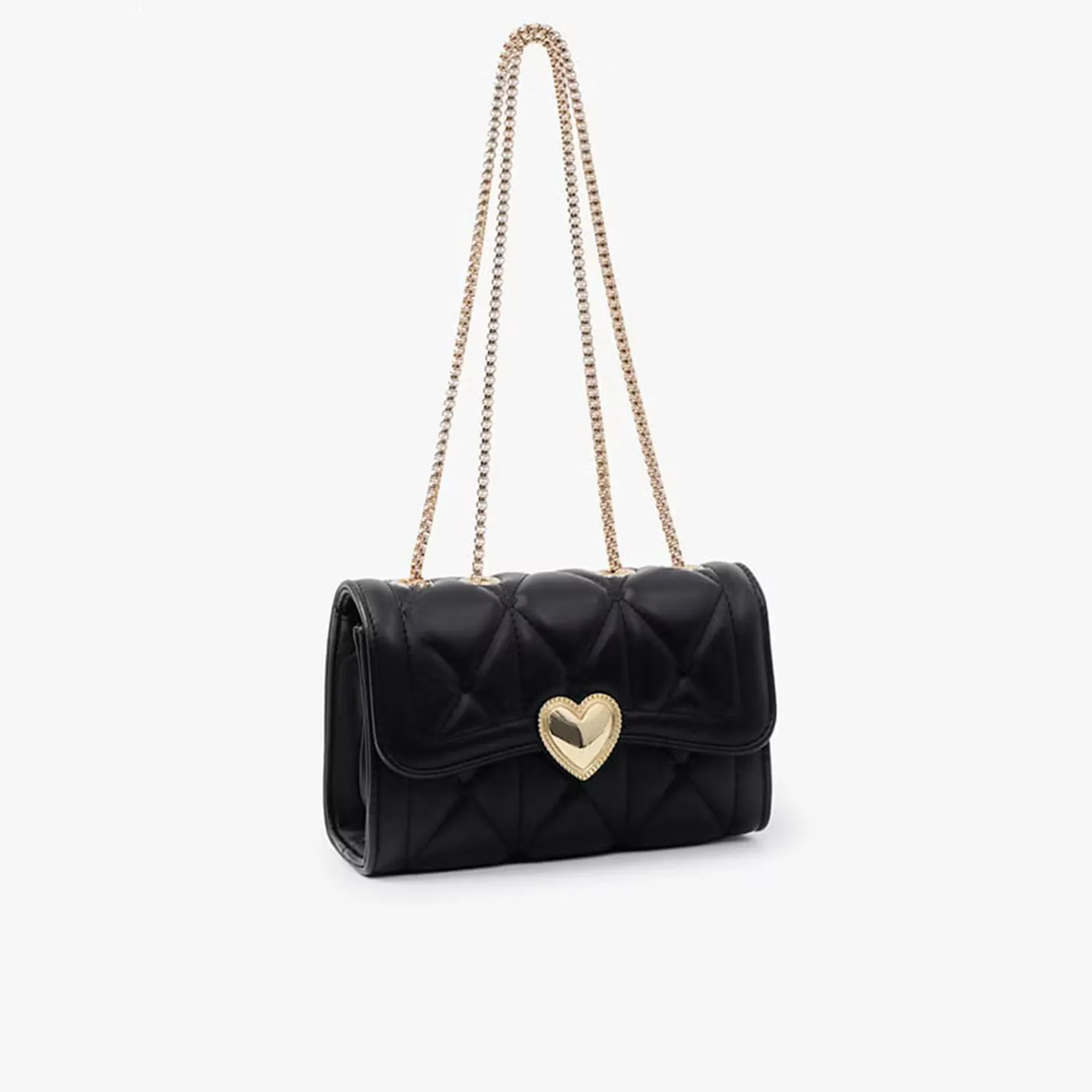 Black-quilted-chain-sling-bag-with-heart-shaped-metal-clasp-for-women