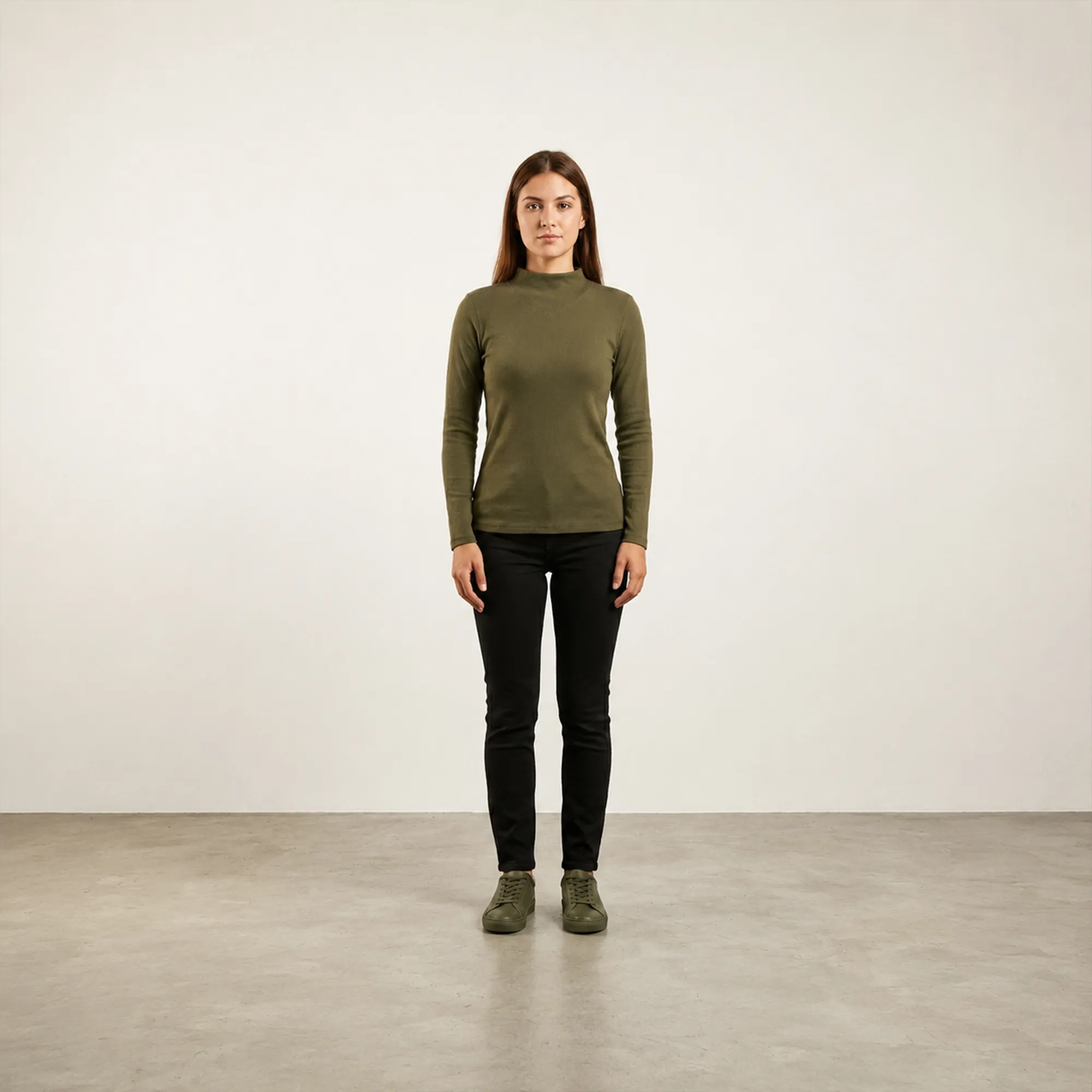 Olive-green-mock-neck-full-sleeve-top-for-women-slim-fit-casual-basic-t-shirt