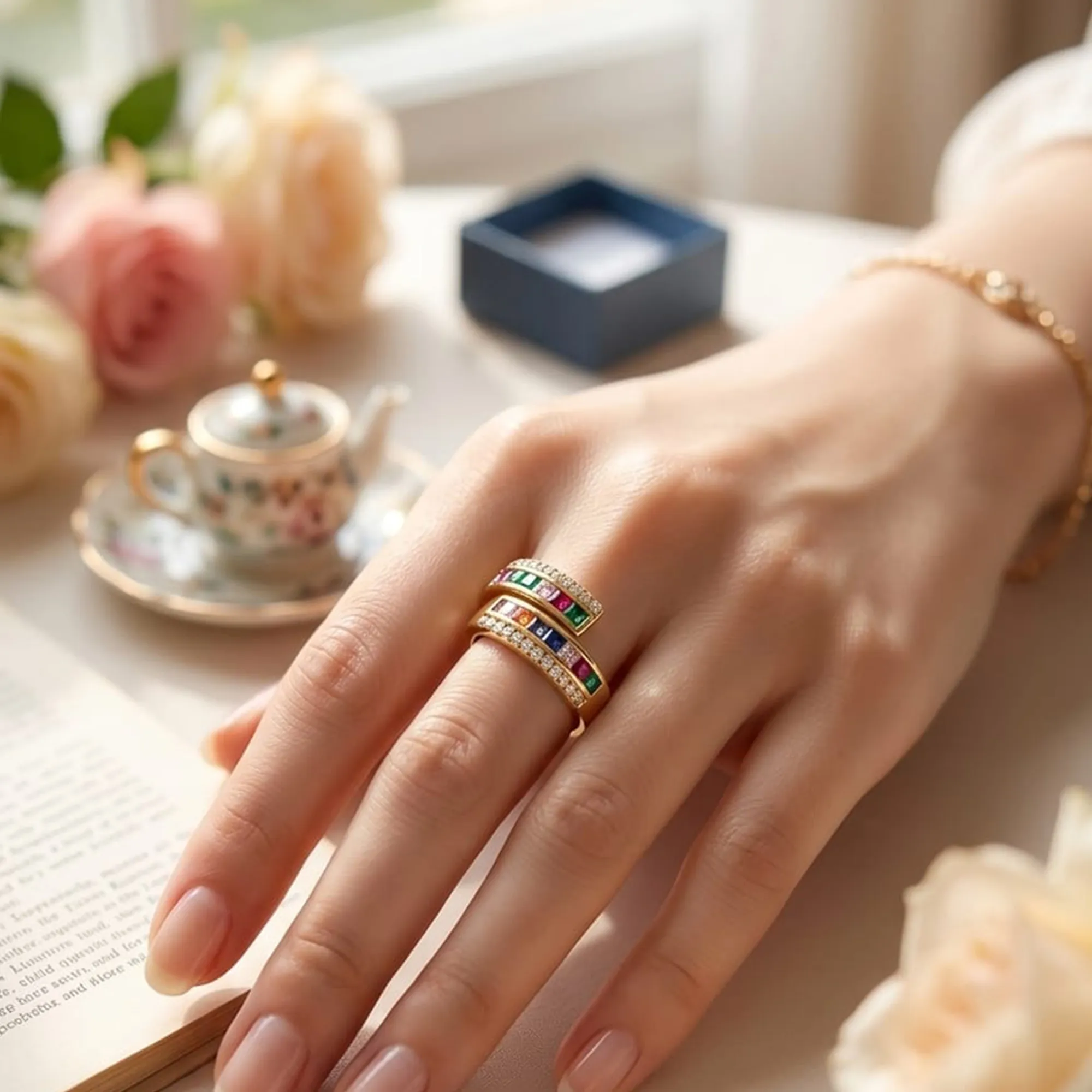 Gold-rainbow-multicolor-baguette-zircon-double-band-ring-for-women