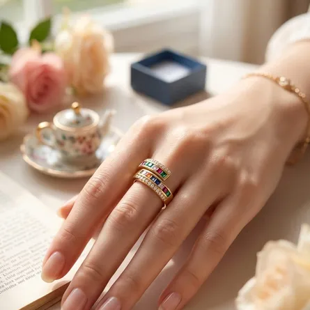 Gold-rainbow-multicolor-baguette-zircon-double-band-ring-for-women