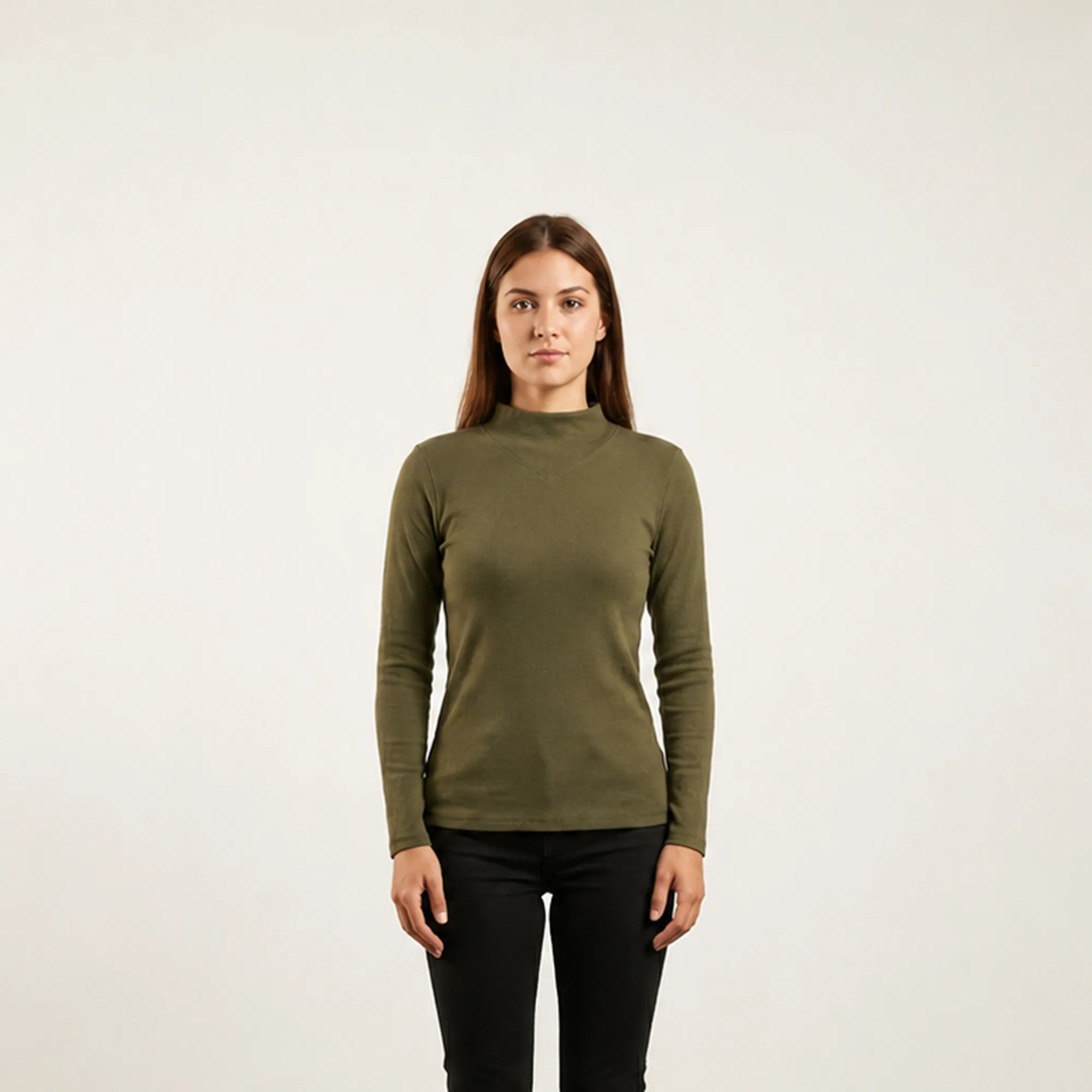 Olive-green-mock-neck-full-sleeve-top-for-women-slim-fit-casual-basic-t-shirt