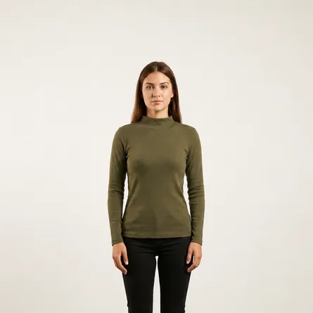 Olive-green-mock-neck-full-sleeve-top-for-women-slim-fit-casual-basic-t-shirt