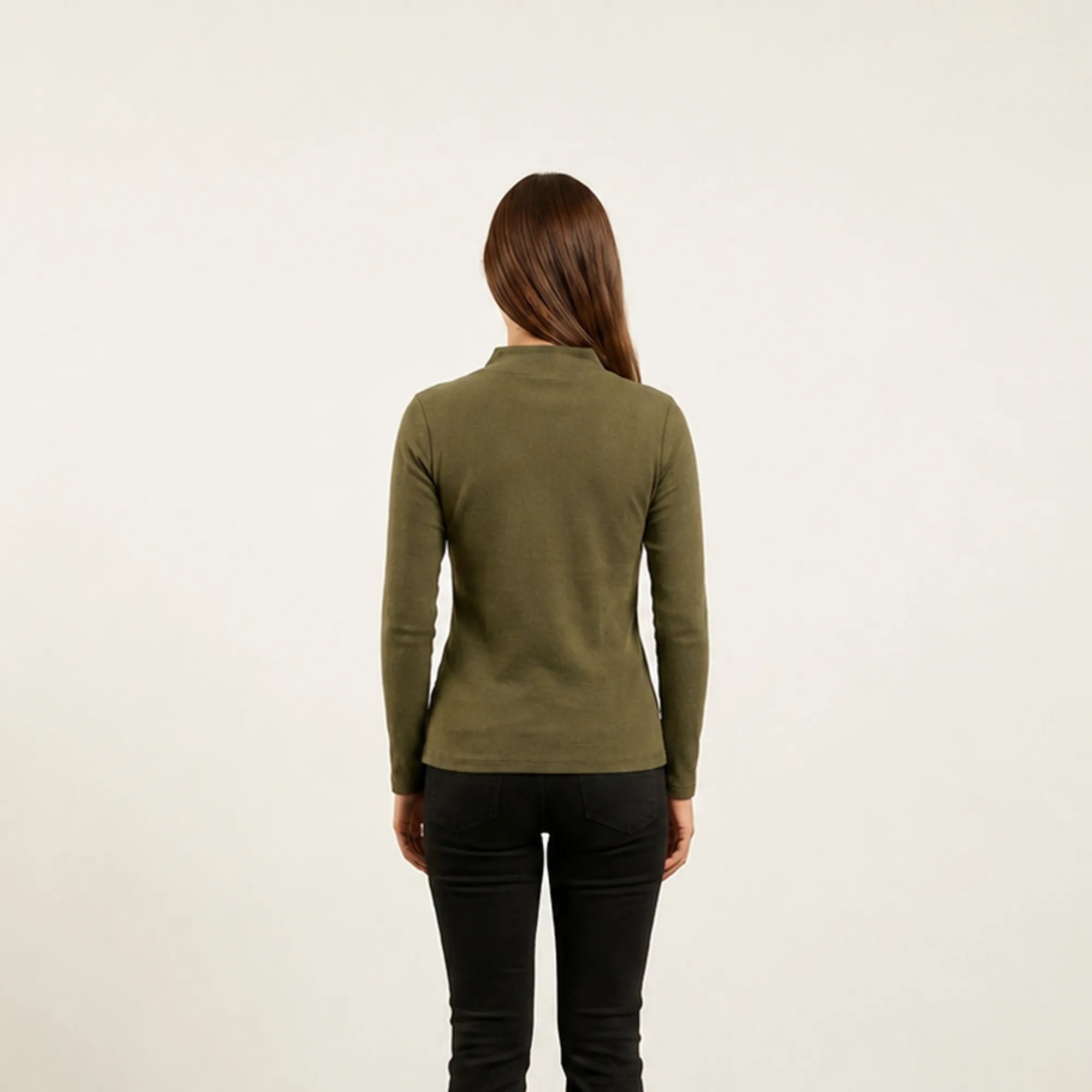 Olive-green-mock-neck-full-sleeve-top-for-women-slim-fit-casual-basic-t-shirt