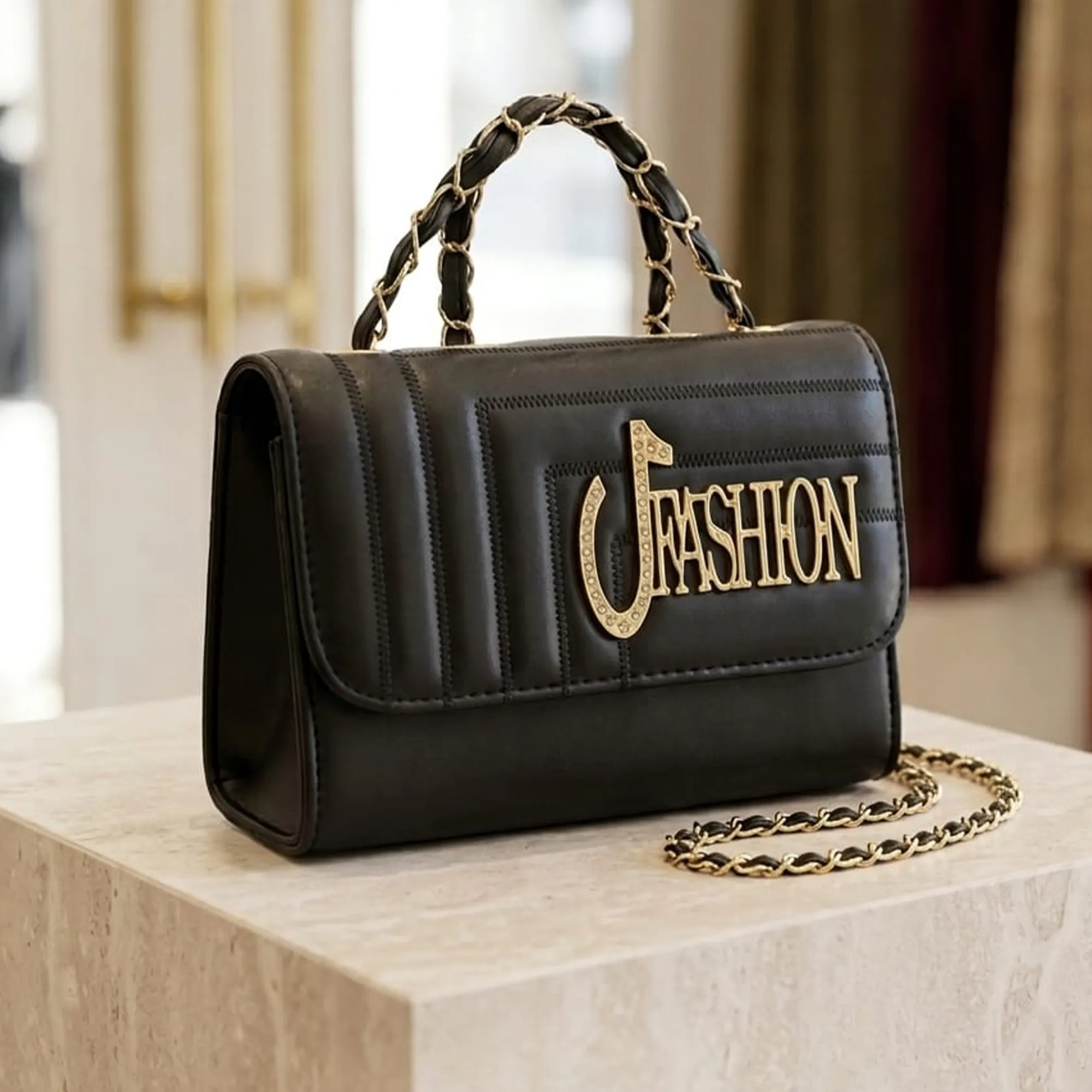 Black-faux-leather-chain-handle-sling-bag-with-gold-fashion-logo-for-women
