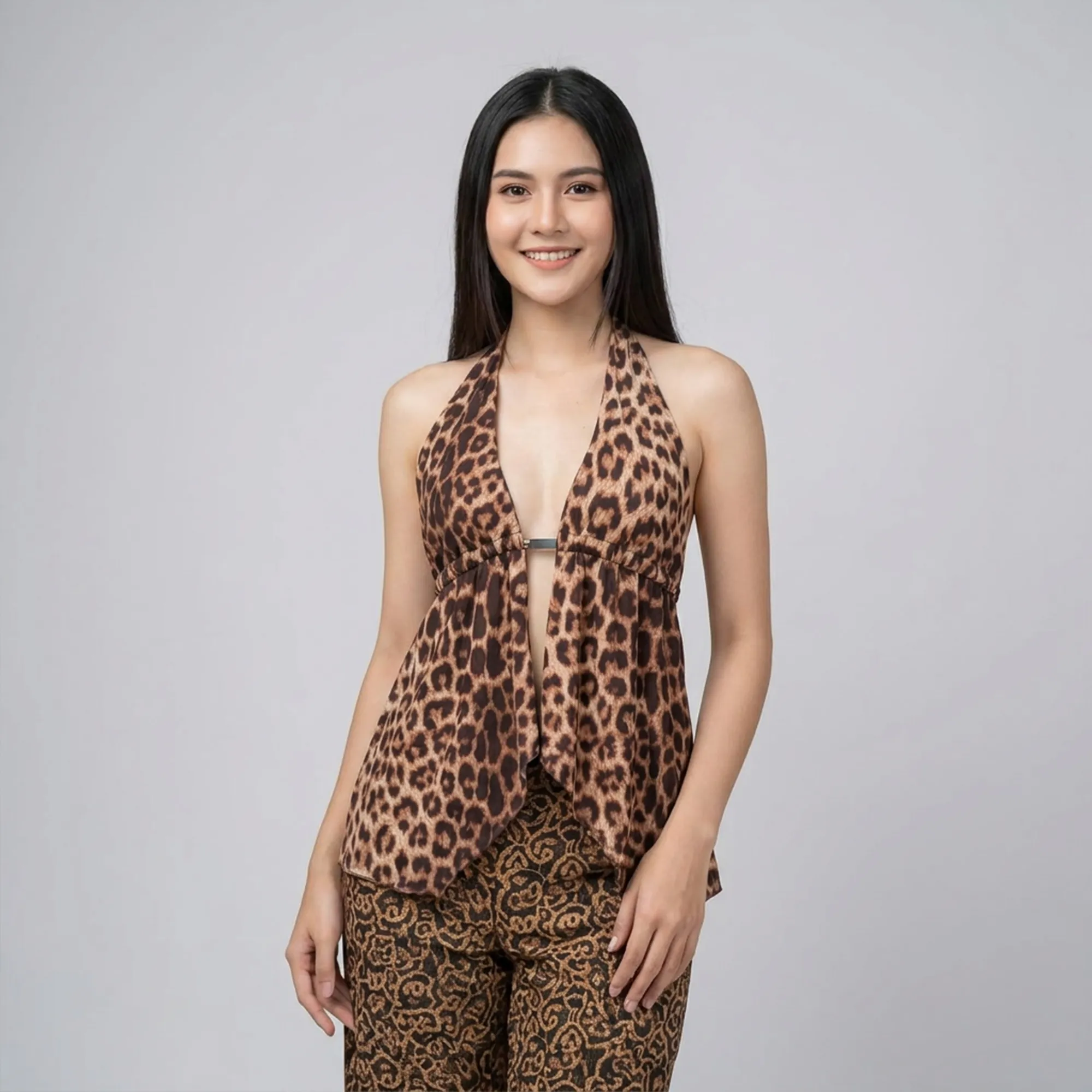 Brown-black-leopard-print-halter-neck-deep-v-sleeveless-womens-top