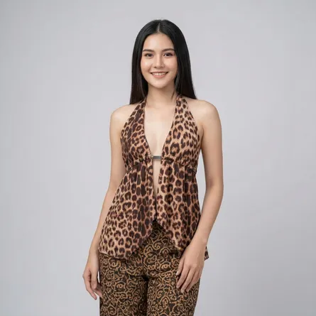 Brown-black-leopard-print-halter-neck-deep-v-sleeveless-womens-top