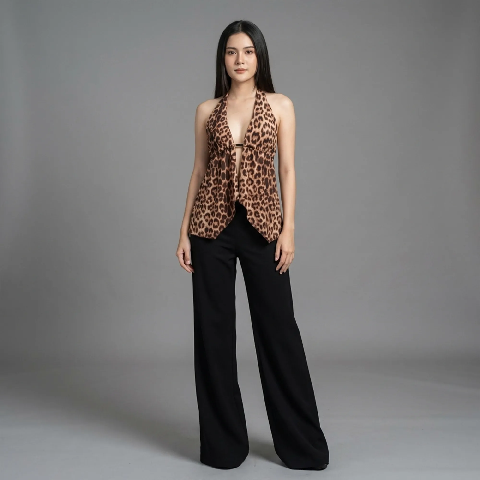 Brown-black-leopard-print-halter-neck-deep-v-sleeveless-womens-top