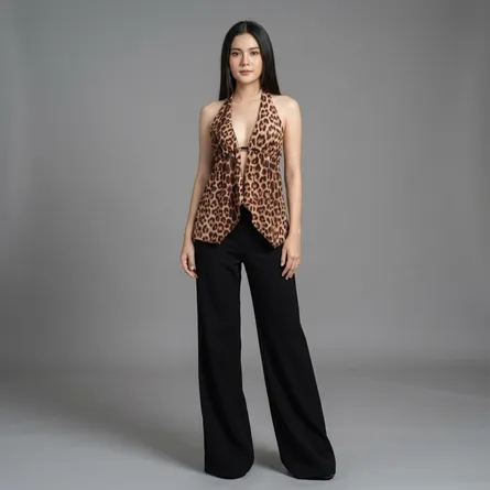 Brown-black-leopard-print-halter-neck-deep-v-sleeveless-womens-top