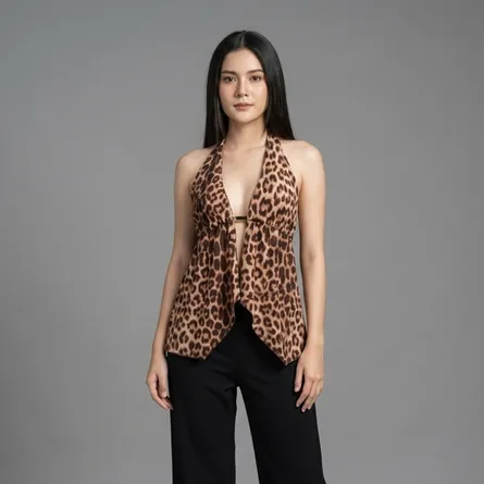 Brown-black-leopard-print-halter-neck-deep-v-sleeveless-womens-top